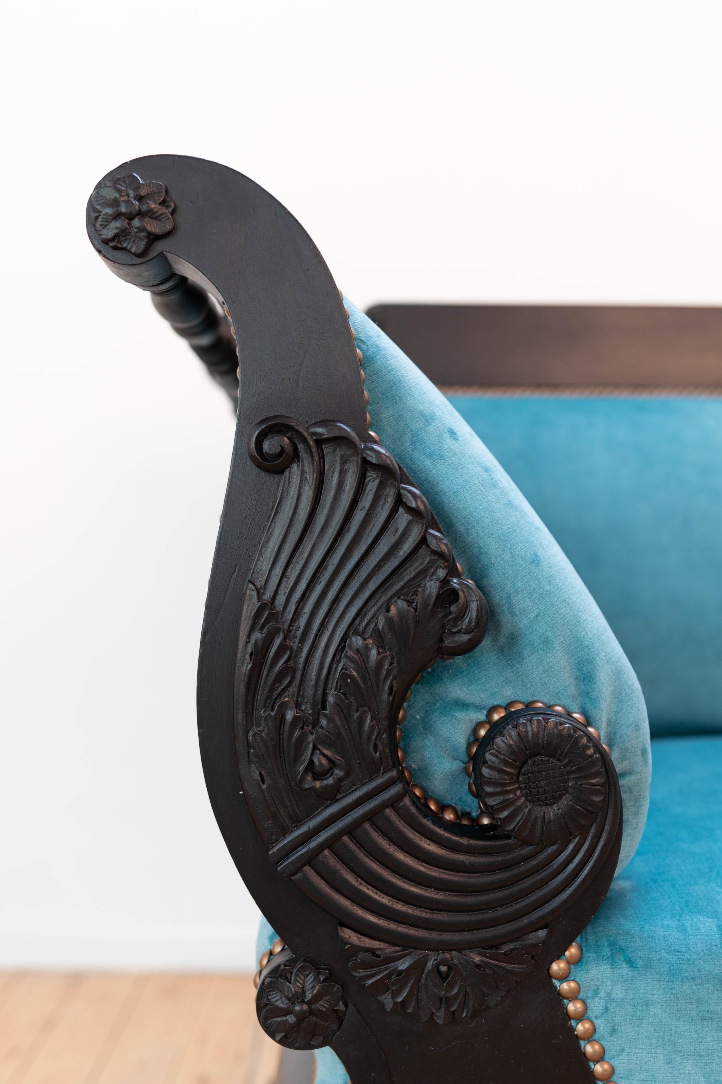 19th century black Biedermeier armchair with new blue velvet For Sale 4