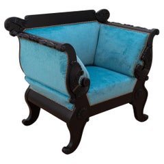 Fauteuil Biedermeier noir du 19e siècle avec velours bleu neuf