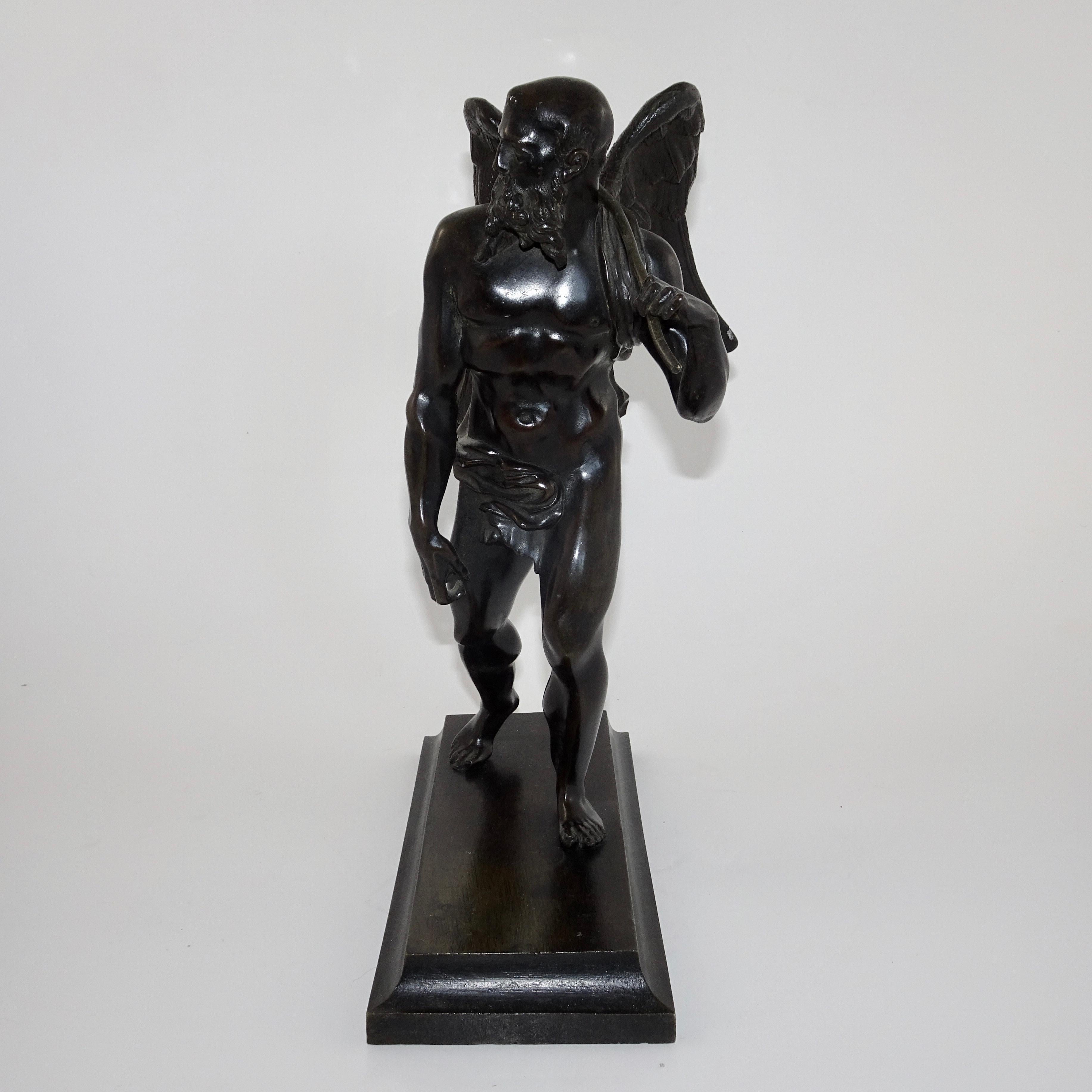 19th Century Black Bronze Statuette of Winged Old Man on Black Base In Good Condition For Sale In Nashville, TN