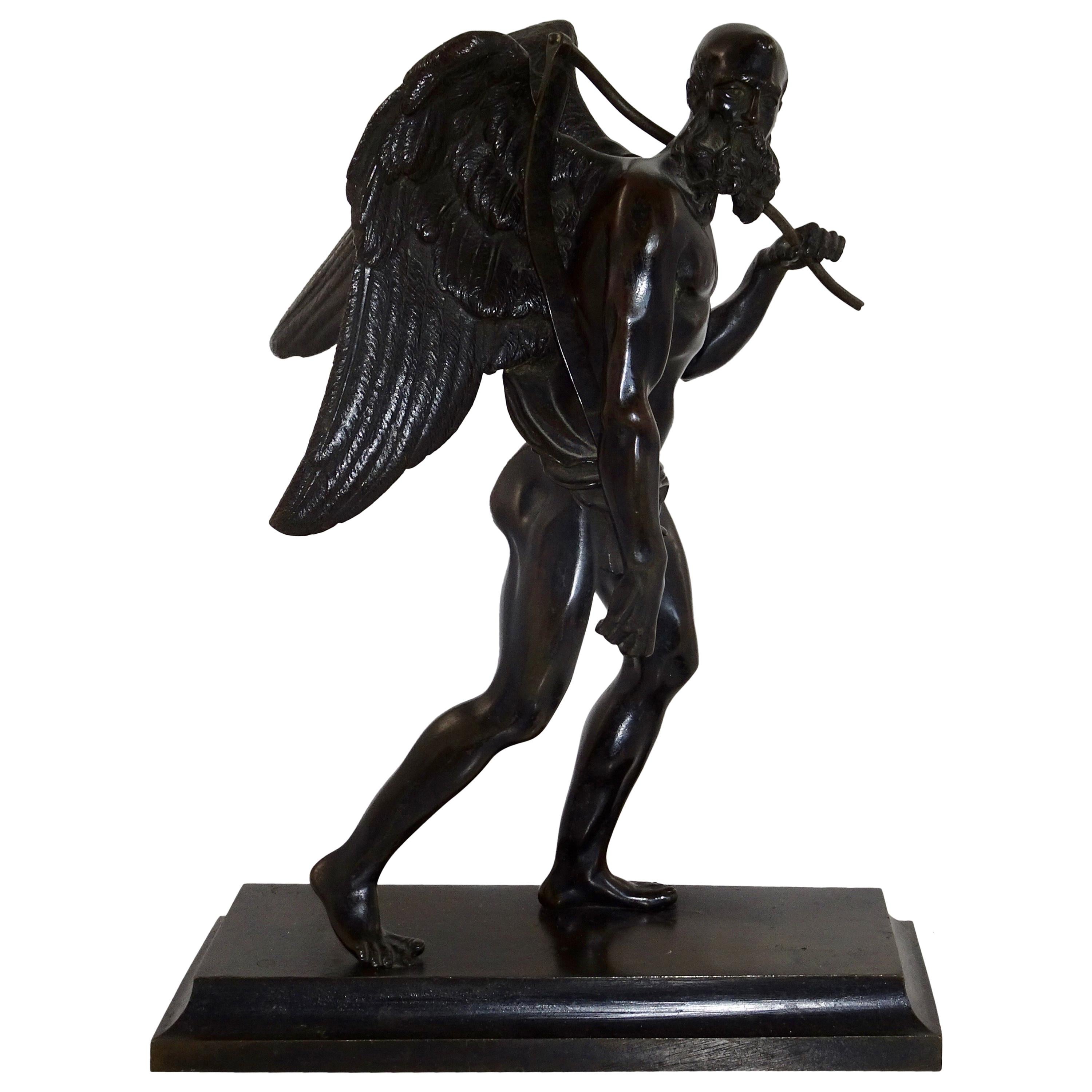 19th Century Black Bronze Statuette of Winged Old Man on Black Base For Sale