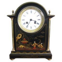 19th Century Black Chinoiserie Break Arch Mantel Clock