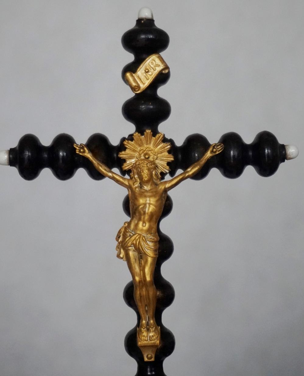Dutch 19th Century Black Ebonized Wooden Stand Cross with Gilt Bronze Christ