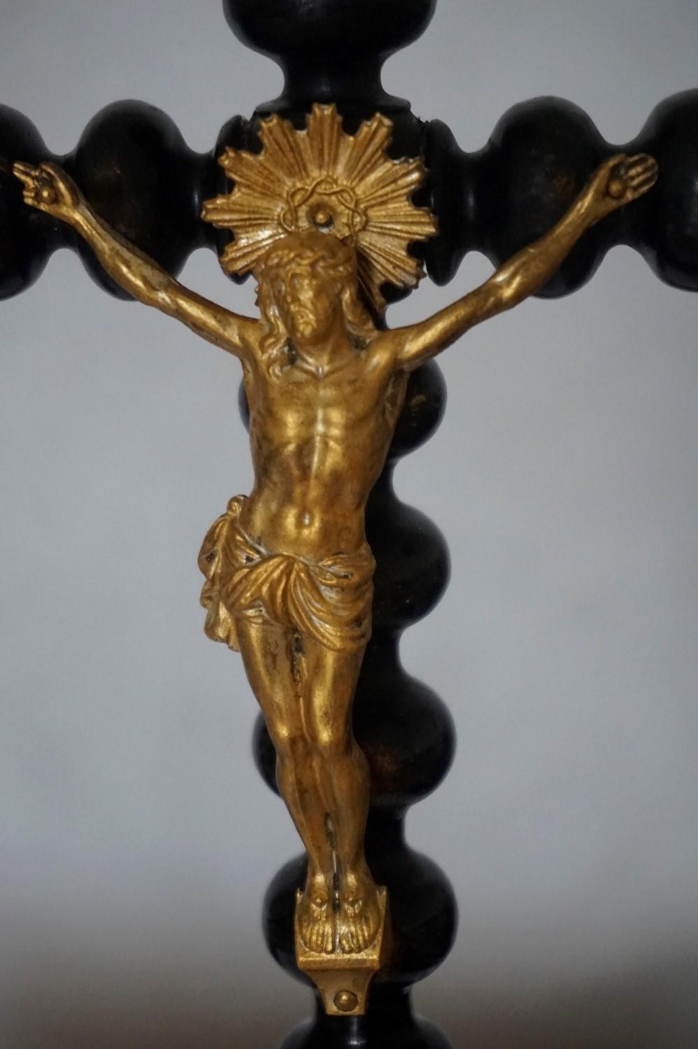 19th Century Black Ebonized Wooden Stand Cross with Gilt Bronze Christ 1