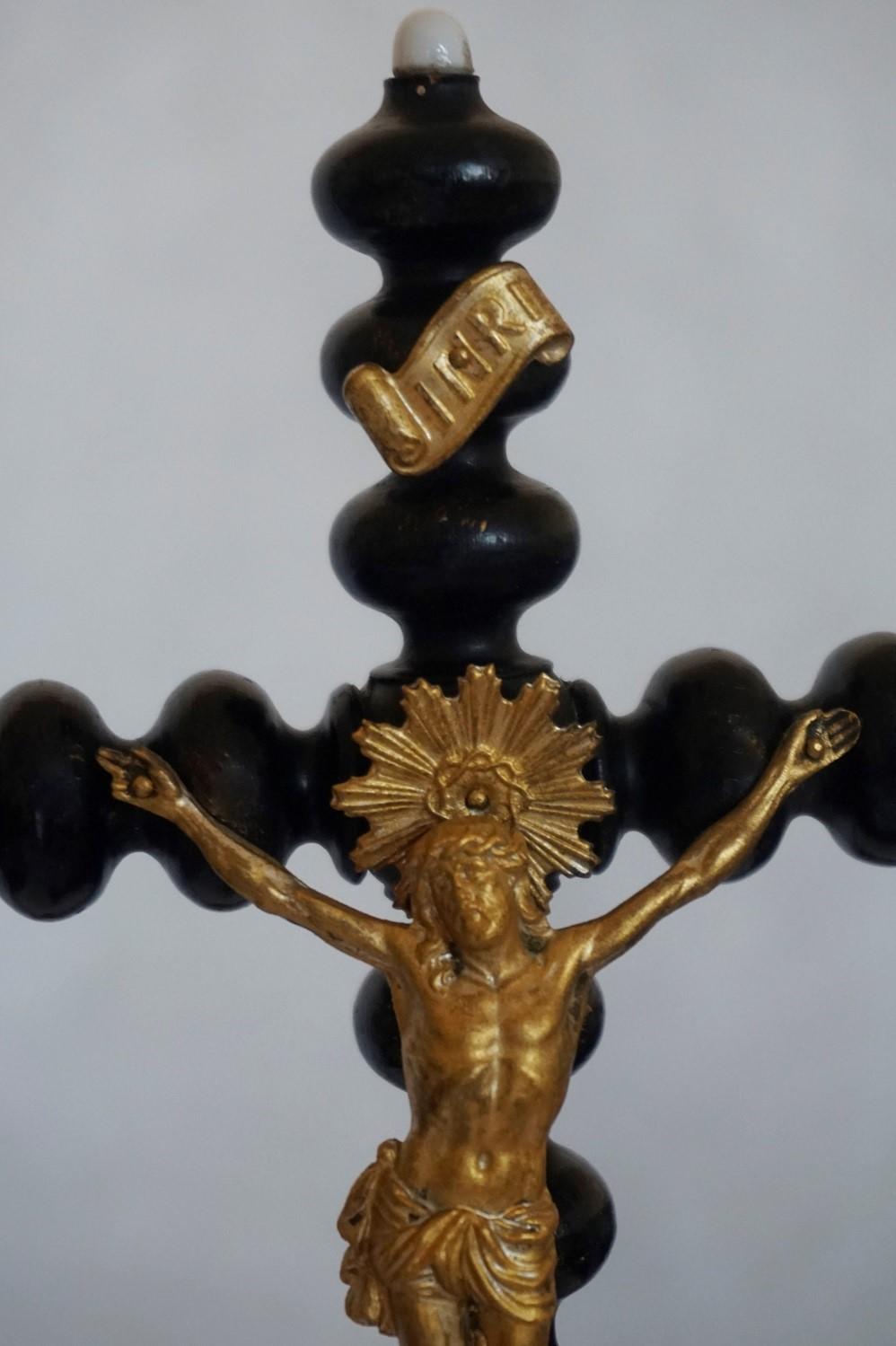 19th Century Black Ebonized Wooden Stand Cross with Gilt Bronze Christ 2