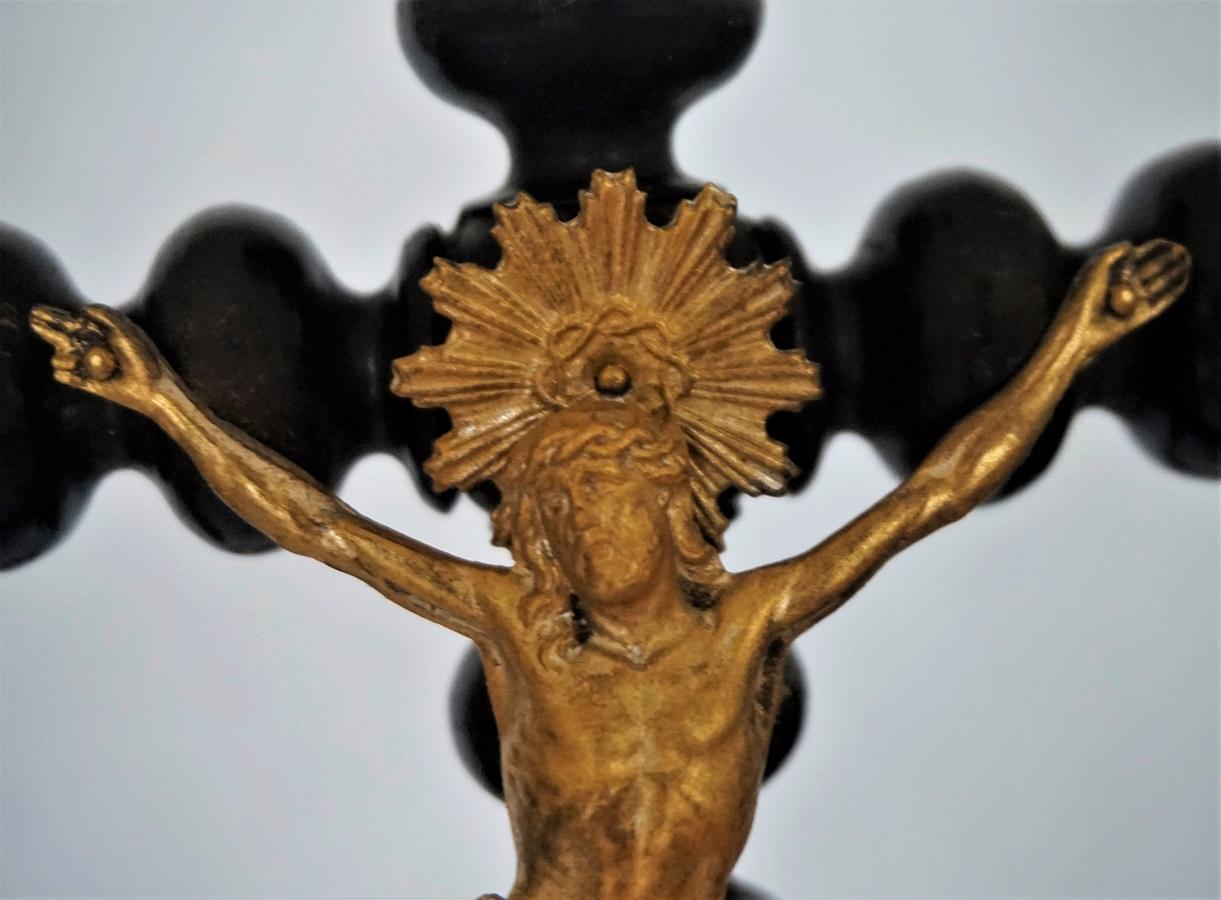 19th Century Black Ebonized Wooden Stand Cross with Gilt Bronze Christ 3