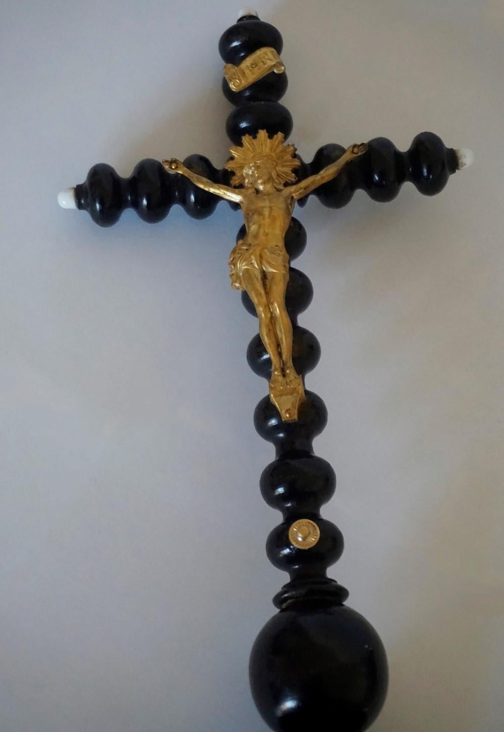 19th Century Black Ebonized Wooden Stand Cross with Gilt Bronze Christ 5