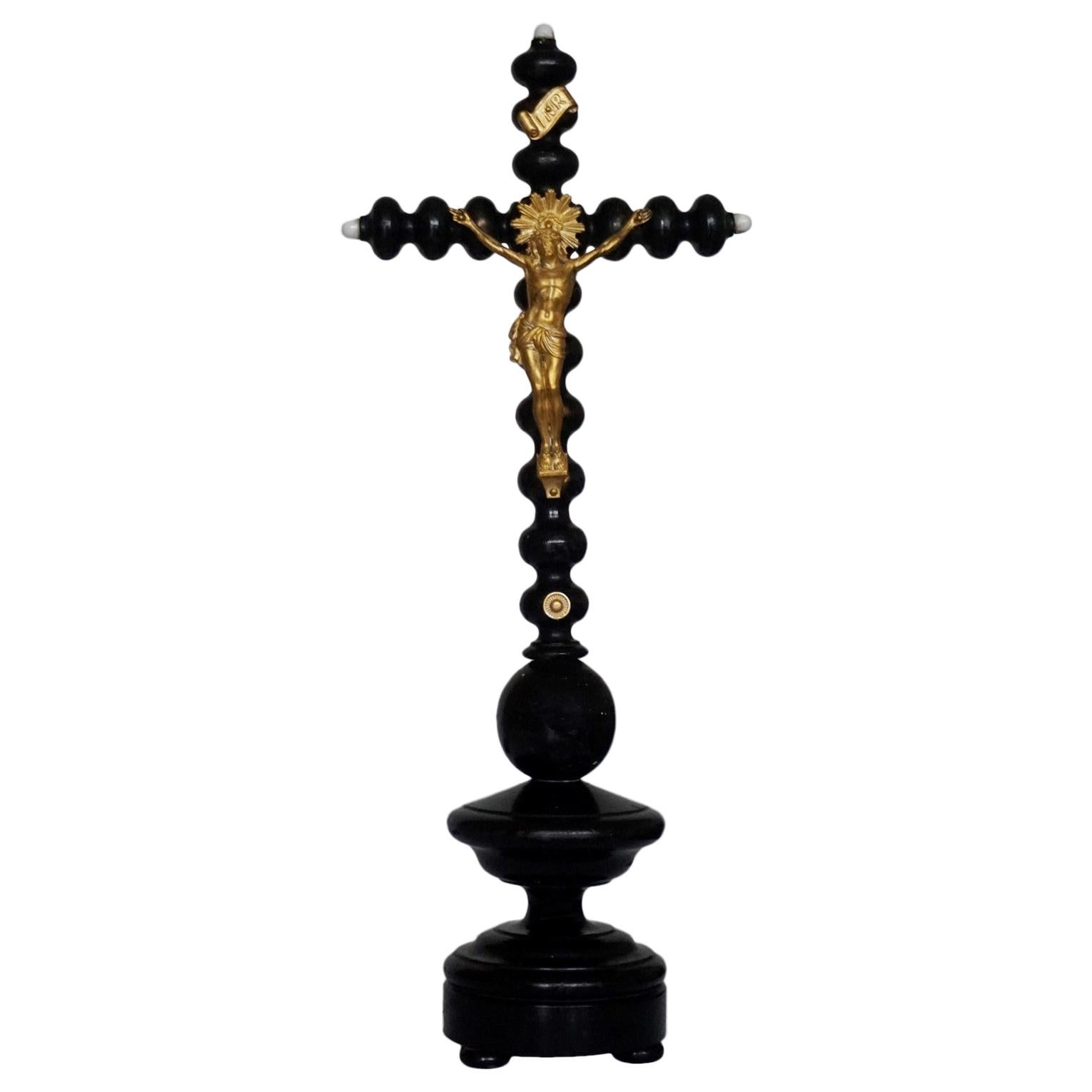 19th Century Black Ebonized Wooden Stand Cross with Gilt Bronze Christ
