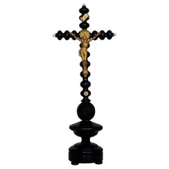 19th Century Black Ebonized Wooden Stand Cross with Gilt Bronze Christ