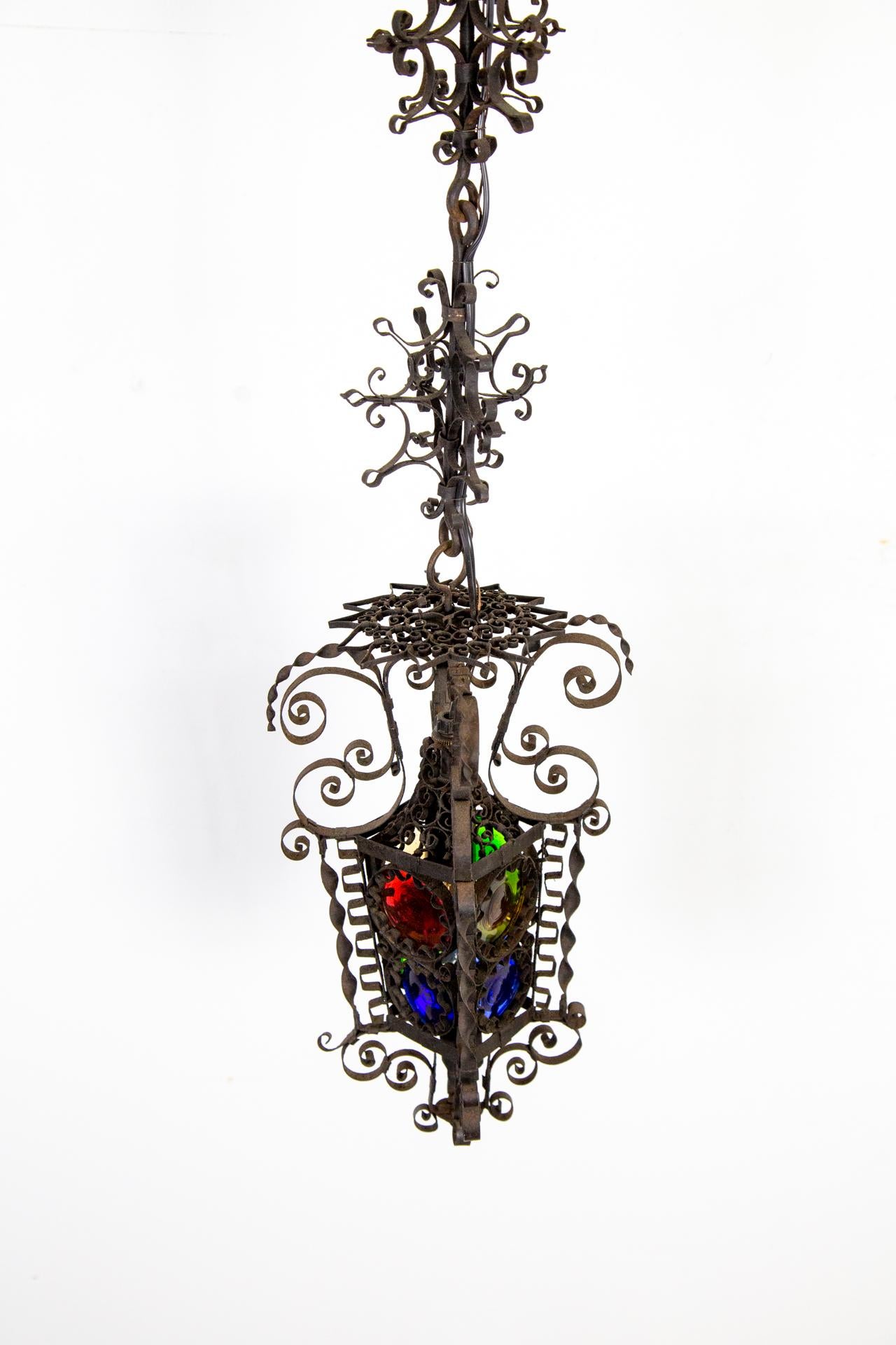 19th Century Black Filigree Iron Hanging Wall Lantern W/ Colored Glass For Sale 5