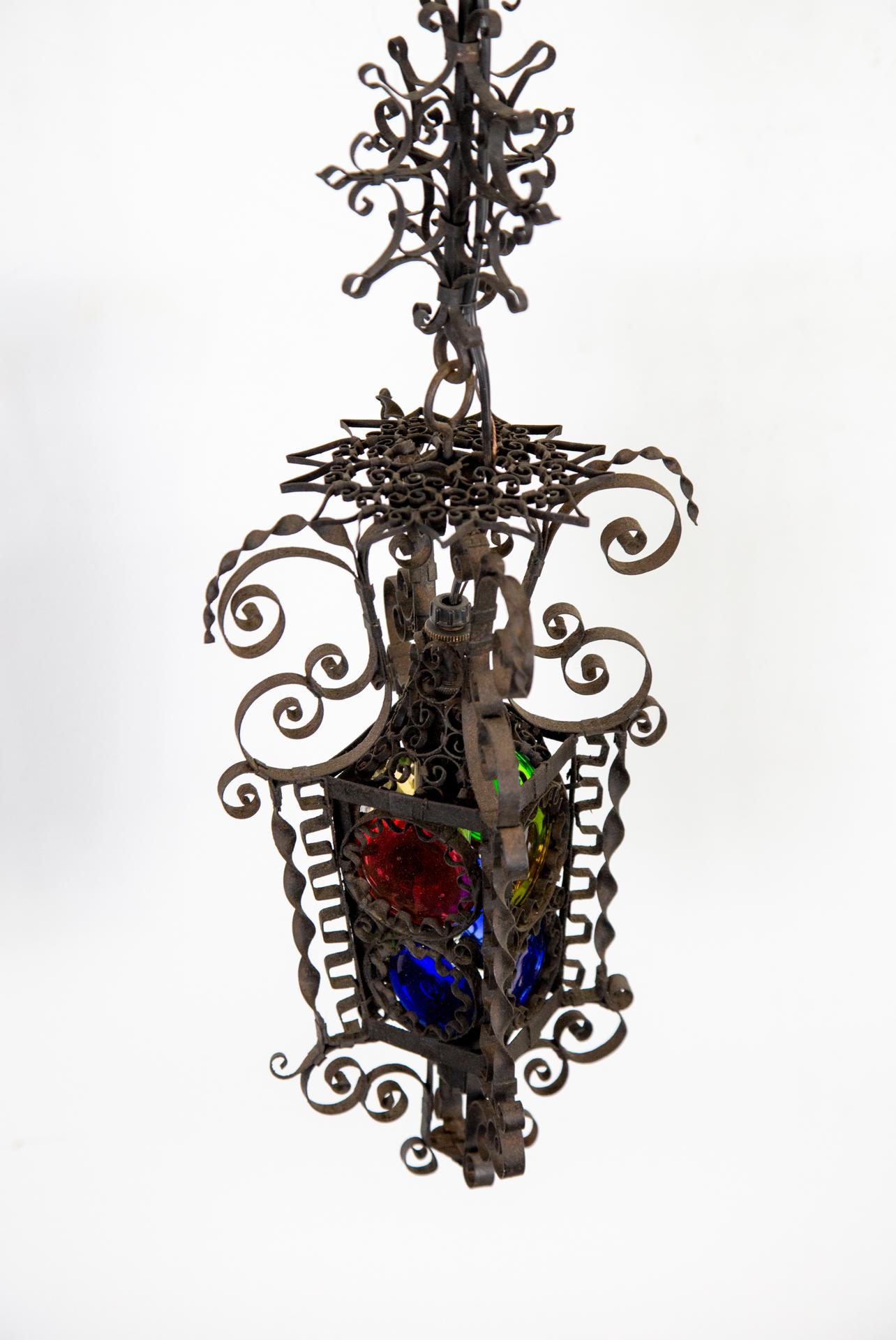 19th Century Black Filigree Iron Hanging Wall Lantern W/ Colored Glass For Sale 7