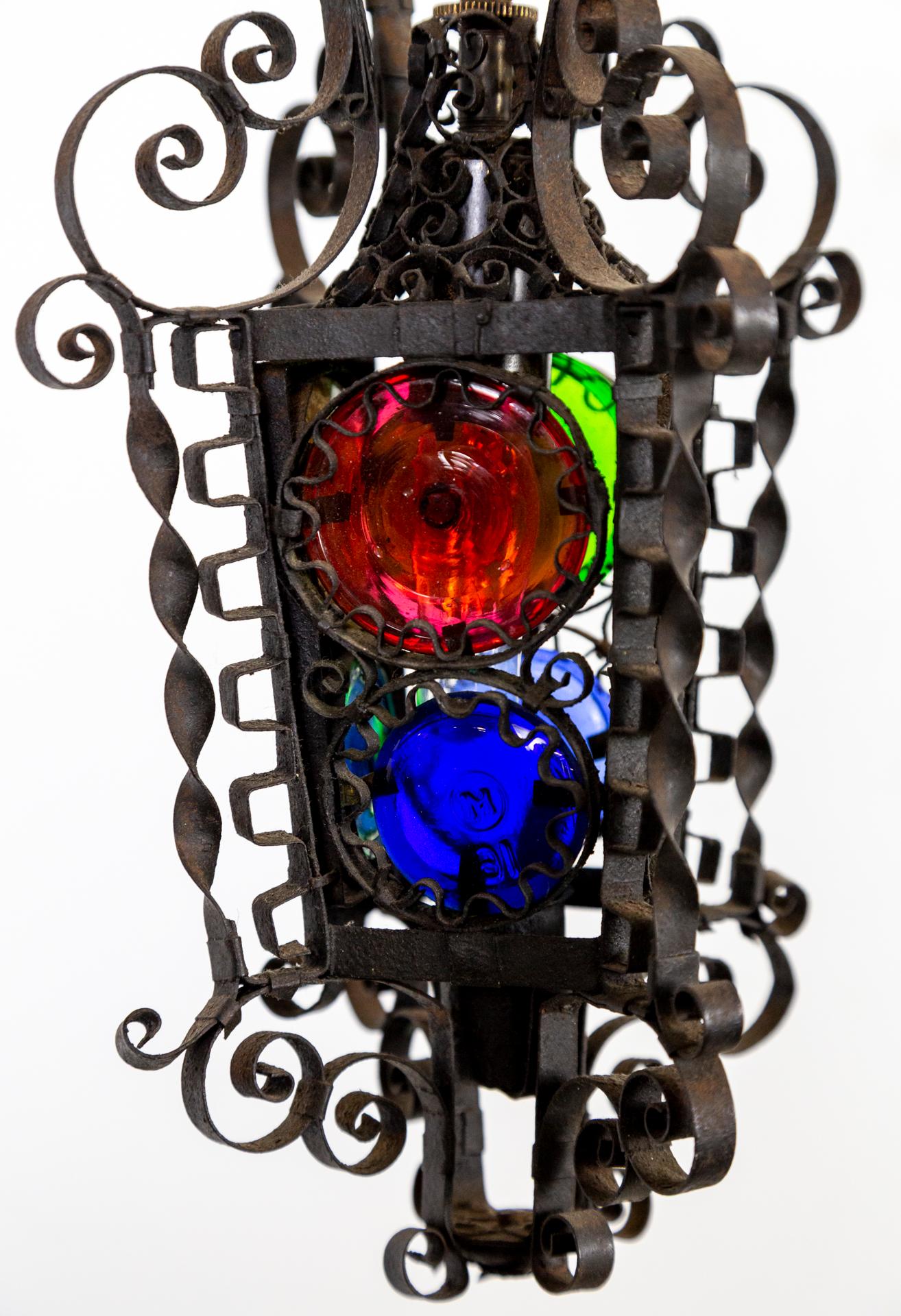 19th Century Black Filigree Iron Hanging Wall Lantern W/ Colored Glass For Sale 2