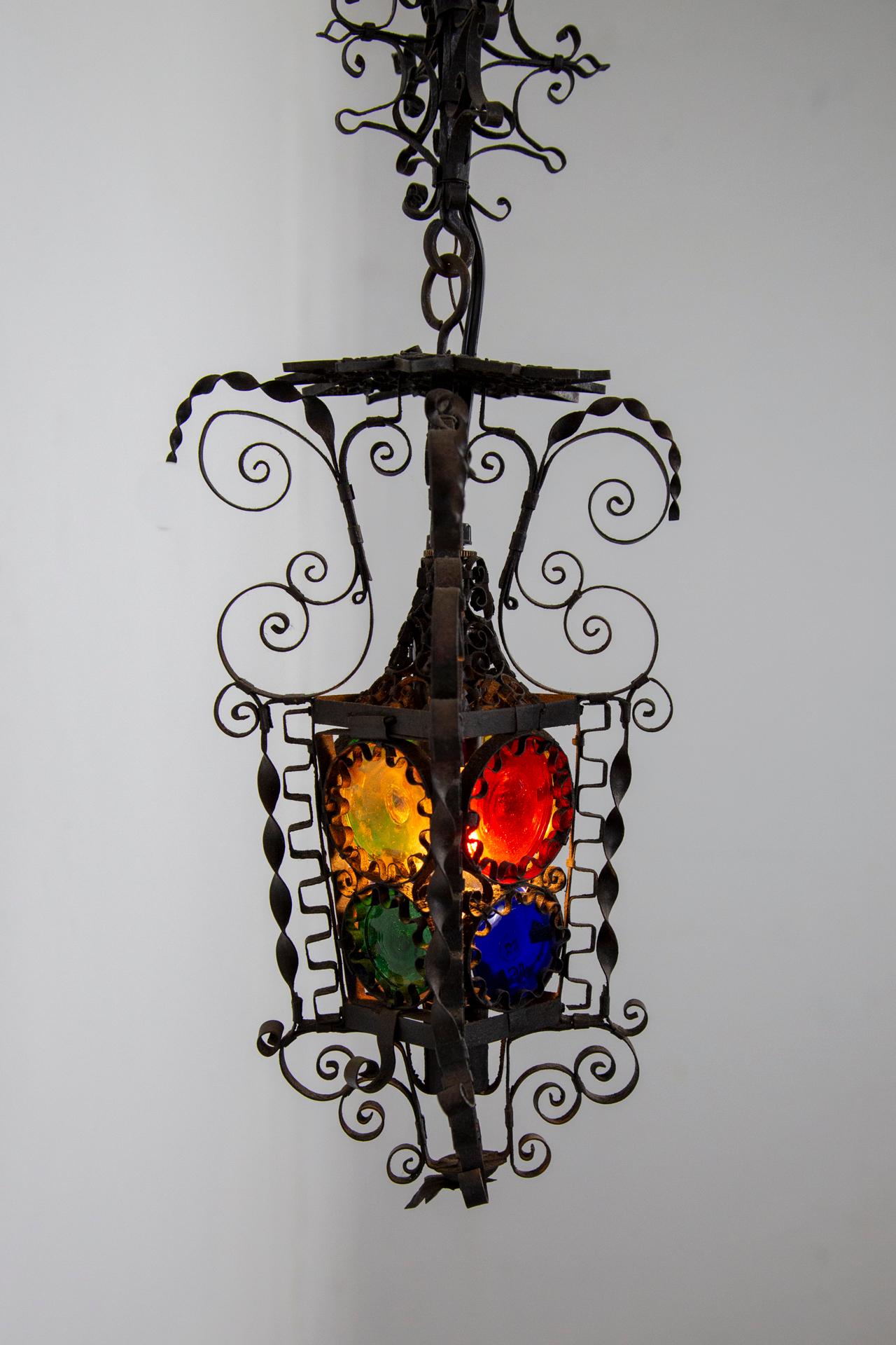 19th Century Black Filigree Iron Hanging Wall Lantern W/ Colored Glass For Sale 3