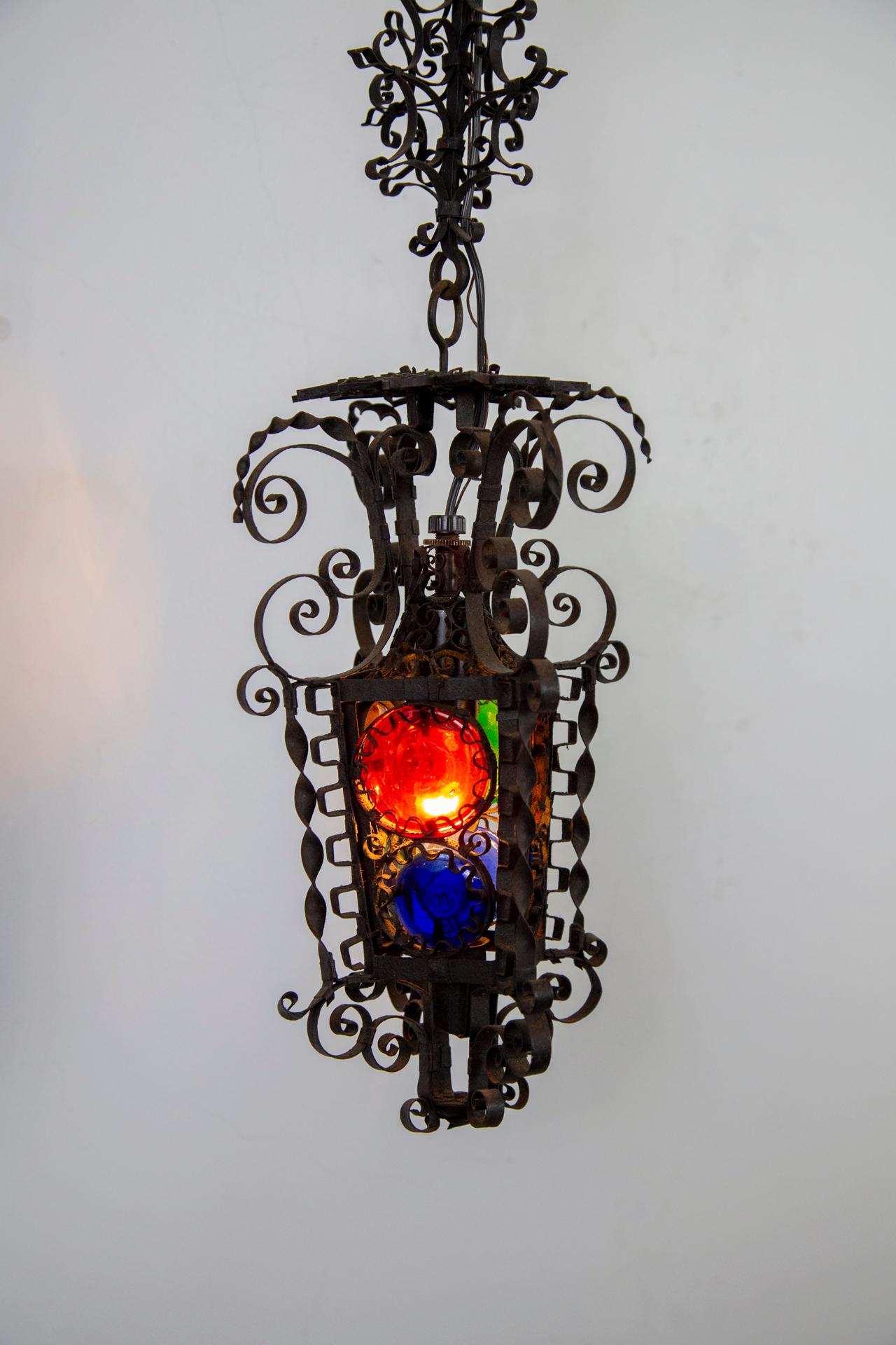 19th Century Black Filigree Iron Hanging Wall Lantern W/ Colored Glass For Sale 4