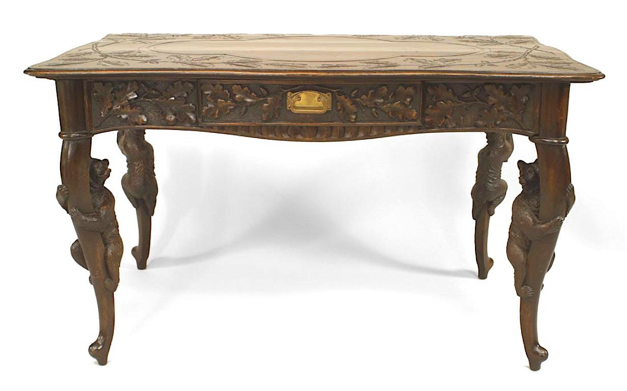 Austrian Rustic Black Forest Bear Walnut Table Desk For Sale