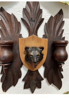 19th Century Black Forest Bear Head Carved Double Match Holder with Strike