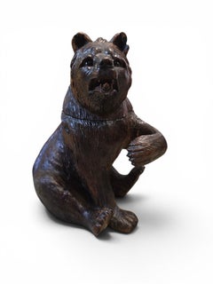 19th Century Black Forest Carved Bear Inkwell with Glass Eyes and Original Glass