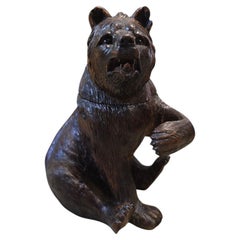 19th Century Black Forest Carved Bear Inkwell with Glass Eyes and Original Glass