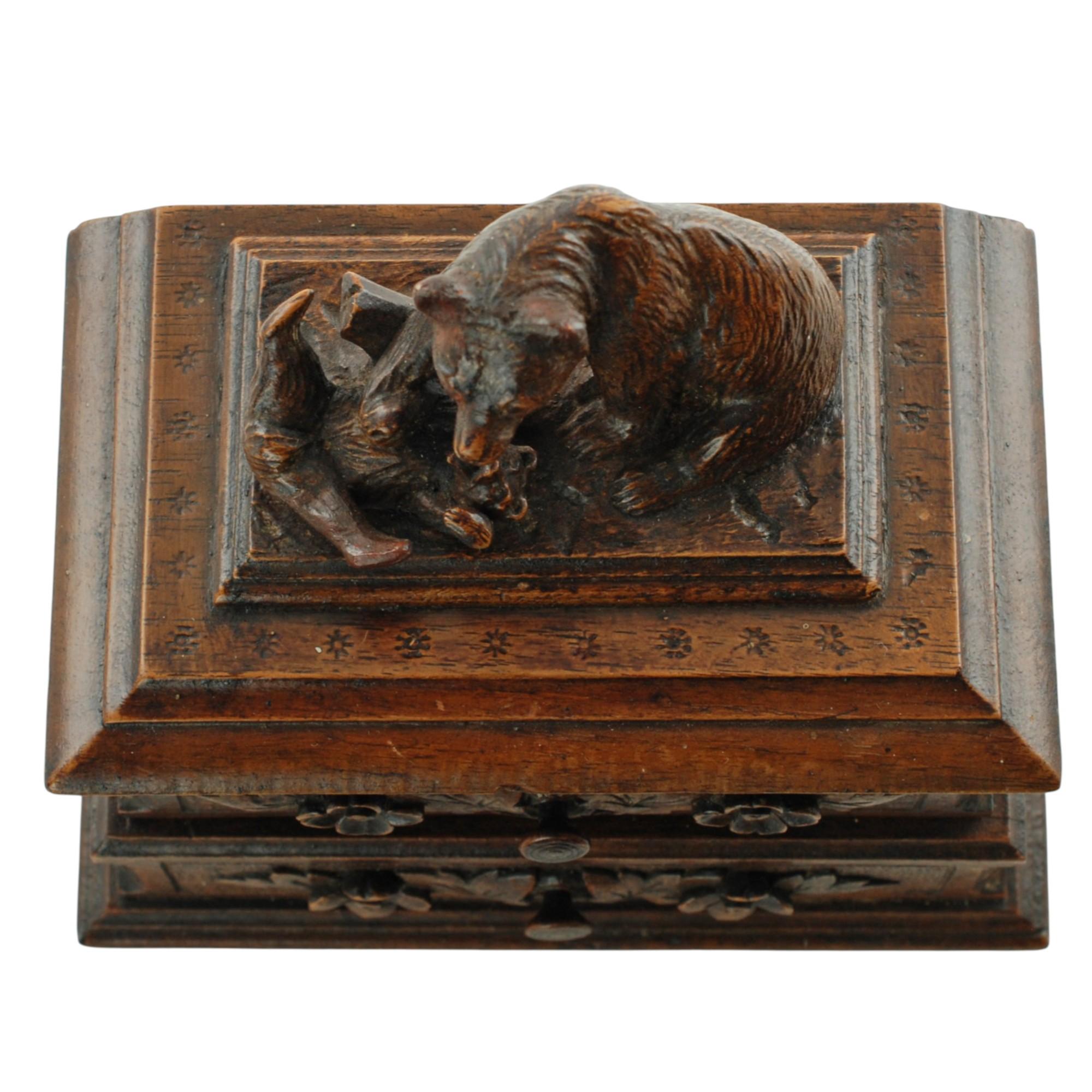 19th Century Black Forest Carved Bear Motif Wood Box with Swing-Out Compartment For Sale 3