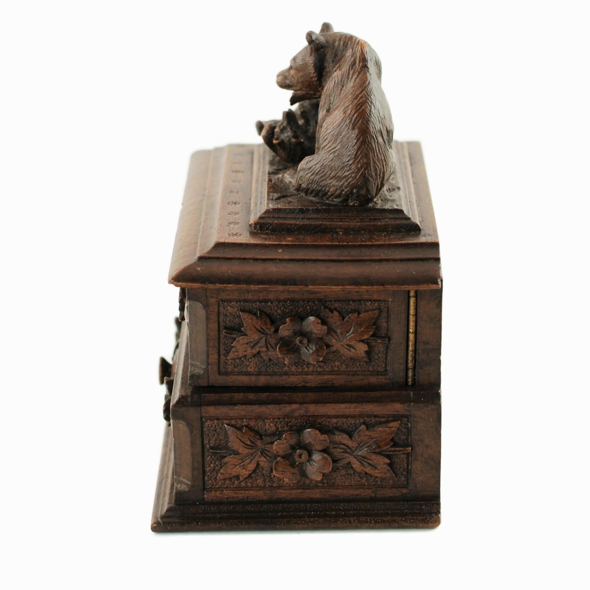 German 19th Century Black Forest Carved Bear Motif Wood Box with Swing-Out Compartment For Sale