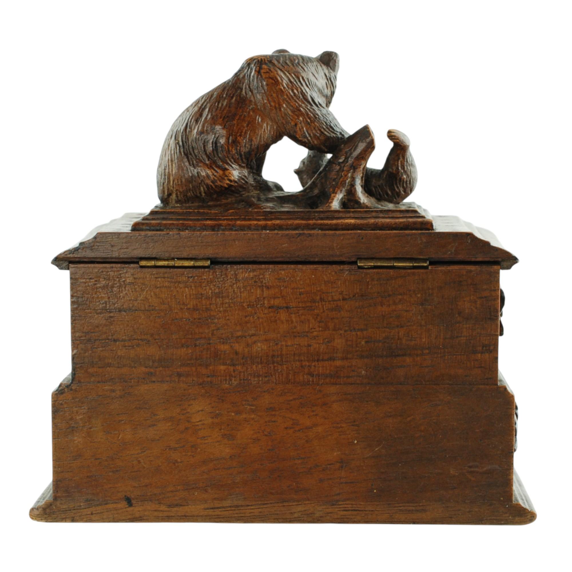 German 19th Century Black Forest Carved Bear Motif Wood Box with Swing-Out Compartment For Sale
