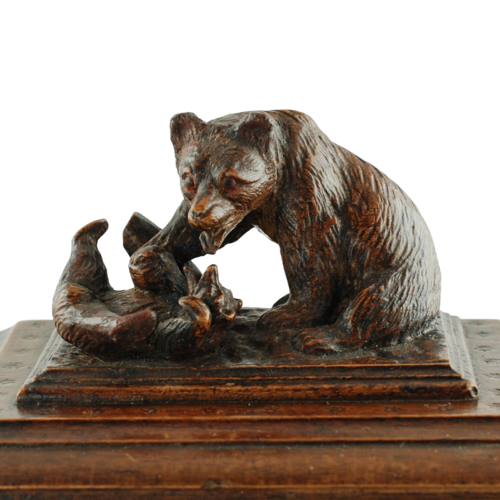 Glass 19th Century Black Forest Carved Bear Motif Wood Box with Swing-Out Compartment For Sale