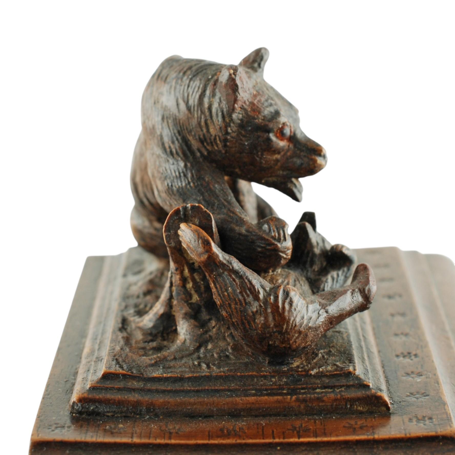 19th Century Black Forest Carved Bear Motif Wood Box with Swing-Out Compartment For Sale 1