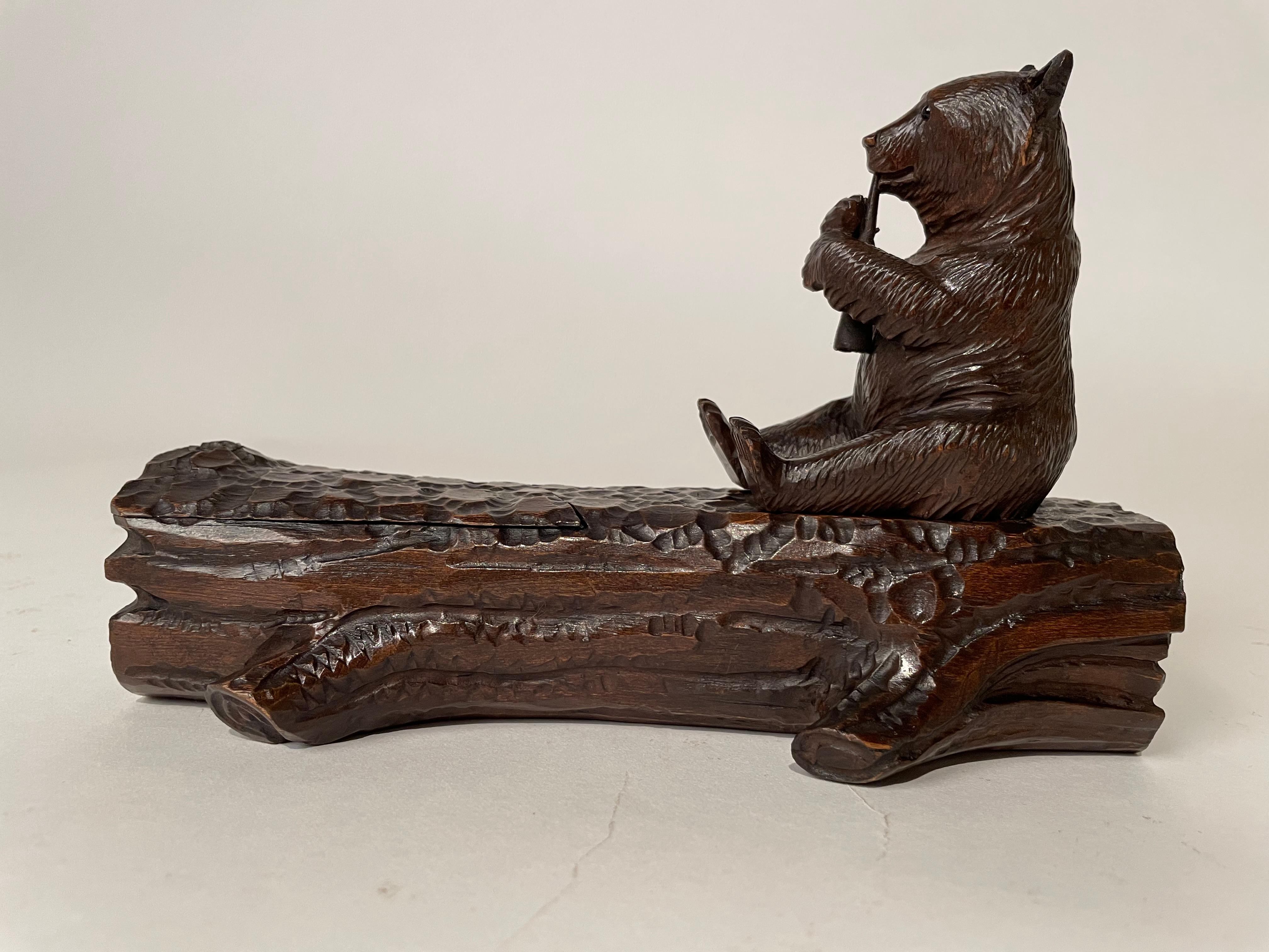 Swiss 19th Century Black Forest Carved Bear on a Log Inkwell