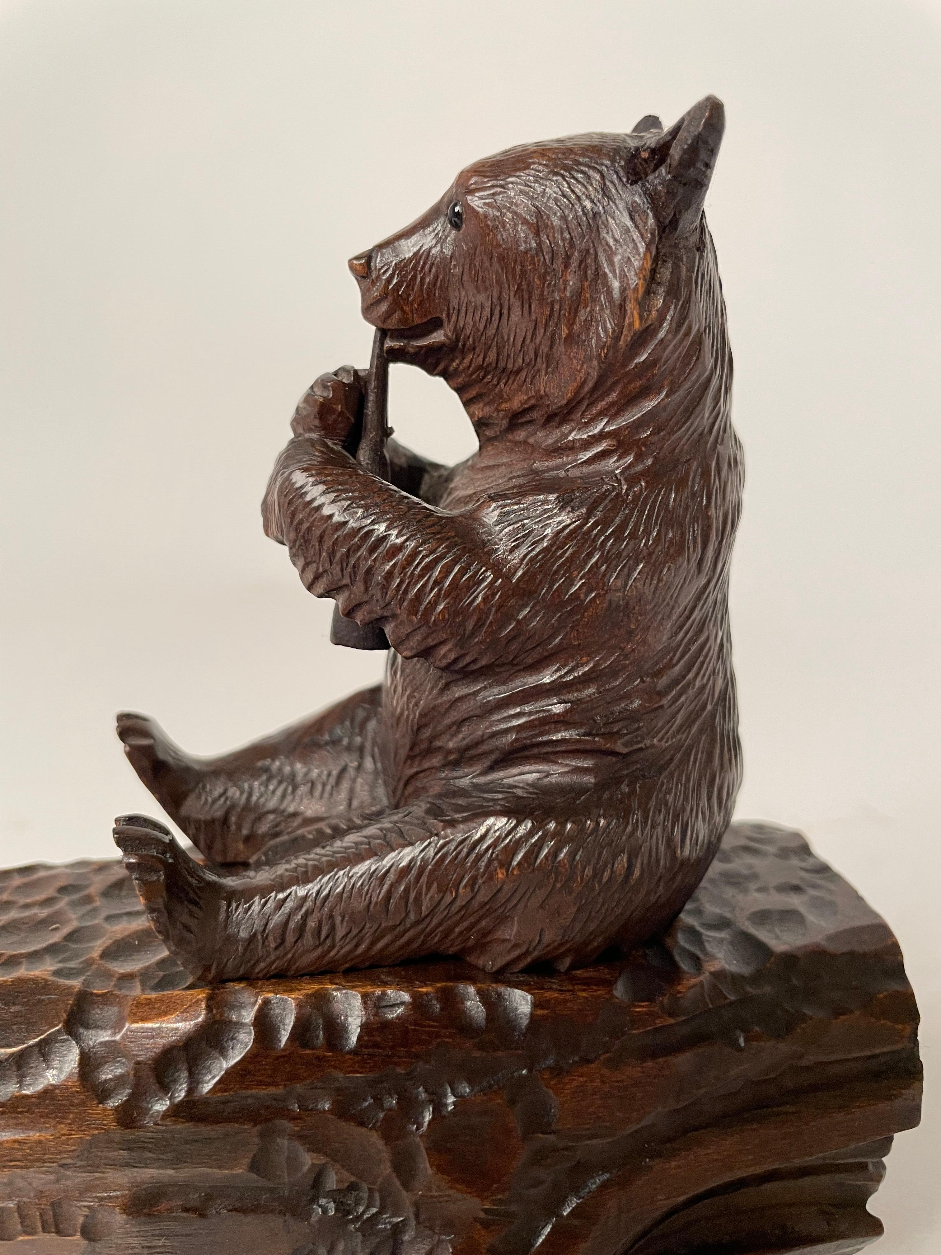 Hand-Carved 19th Century Black Forest Carved Bear on a Log Inkwell