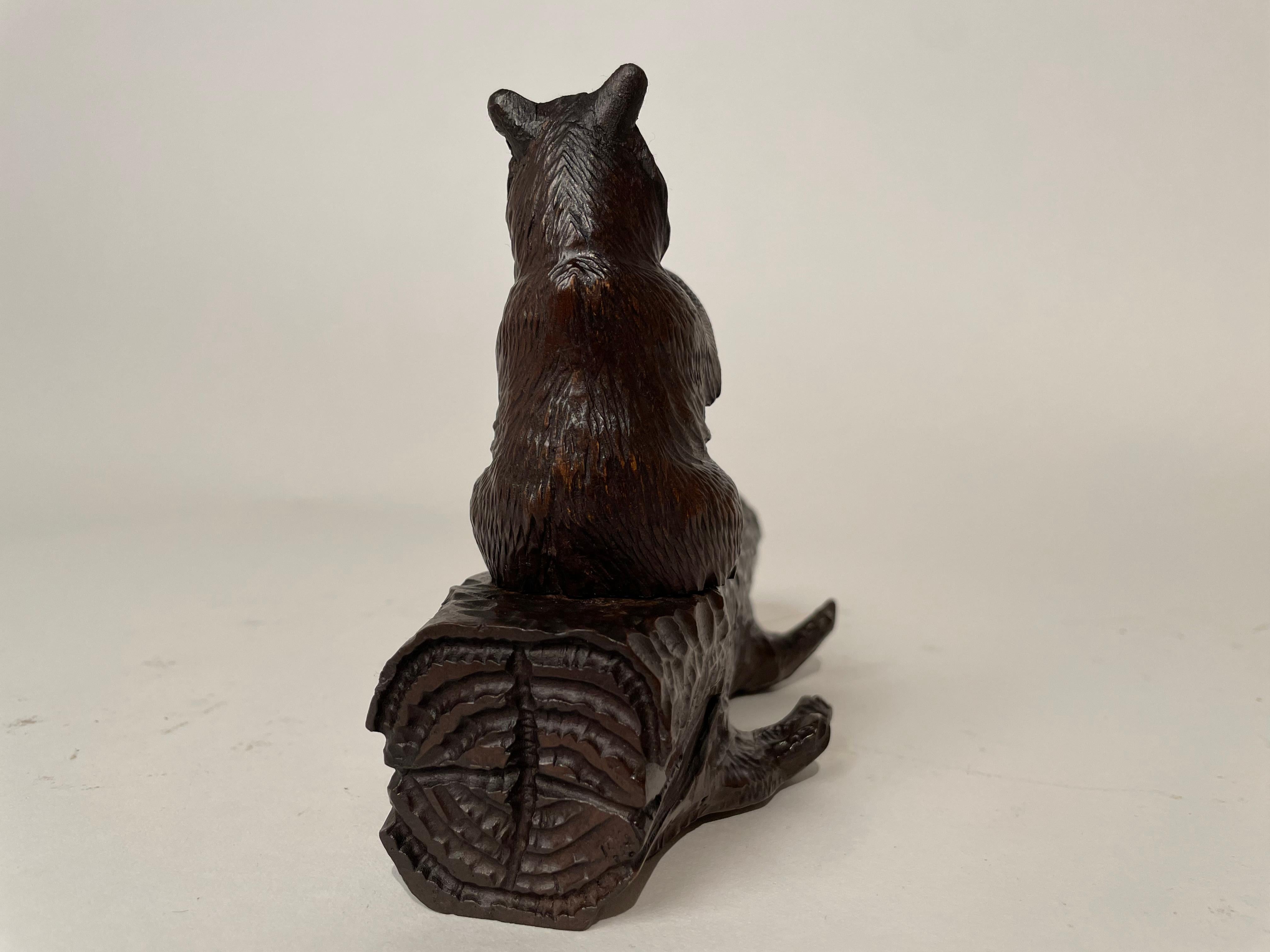 Walnut 19th Century Black Forest Carved Bear on a Log Inkwell