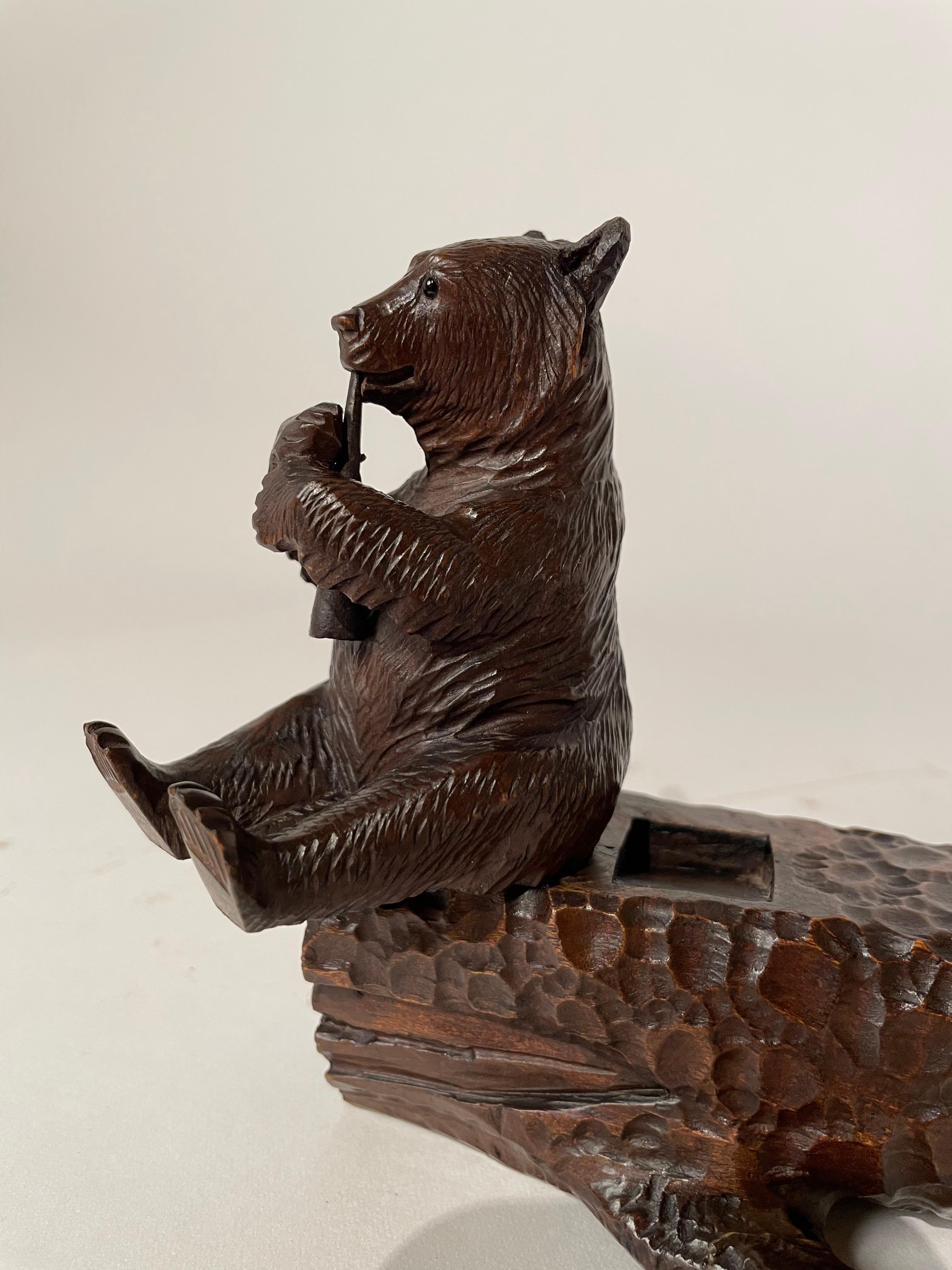19th Century Black Forest Carved Bear on a Log Inkwell 1