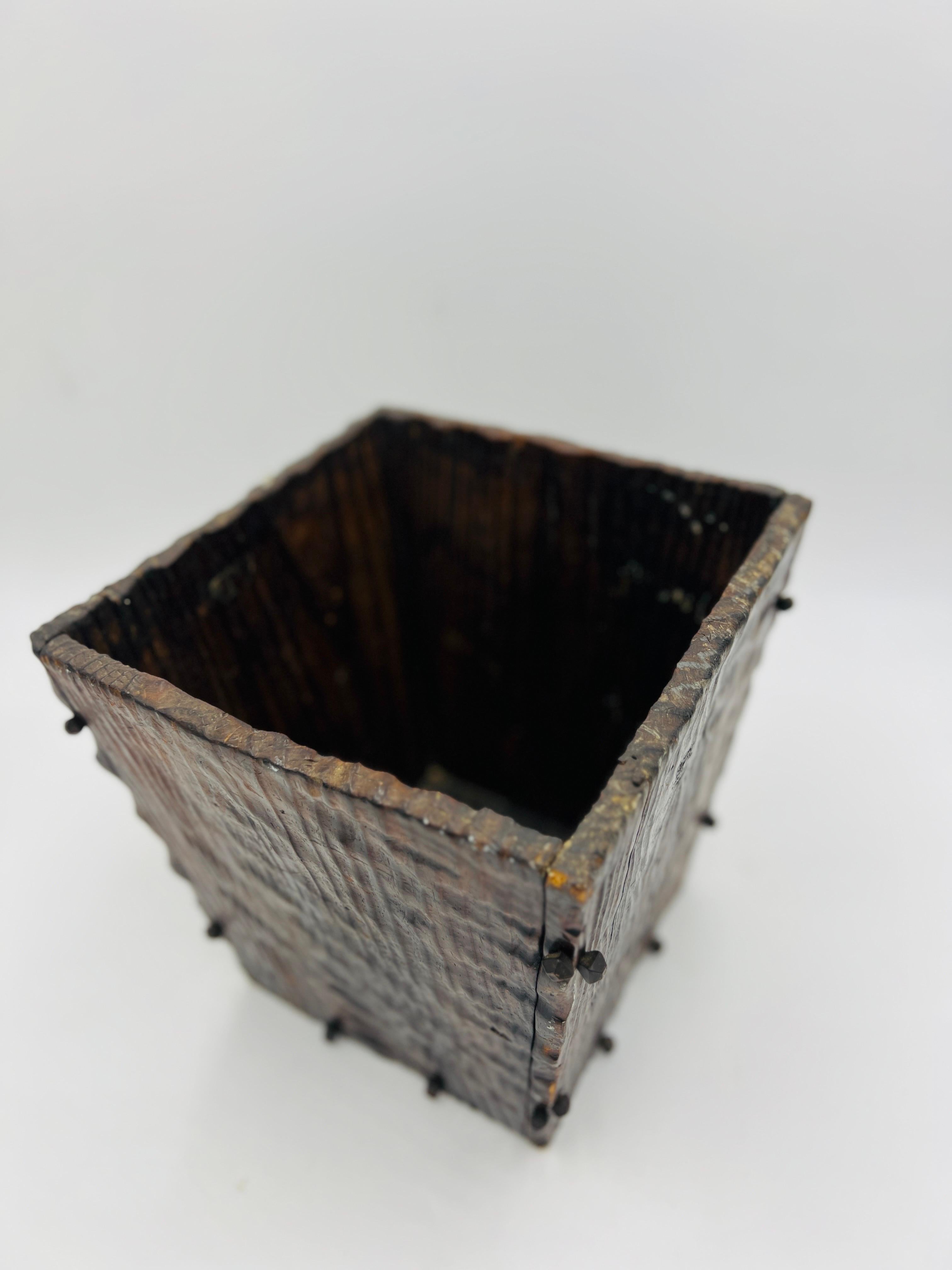 19th Century Black Forest Carved Faux Bois Waste Basket w/ Iron Mounts 1