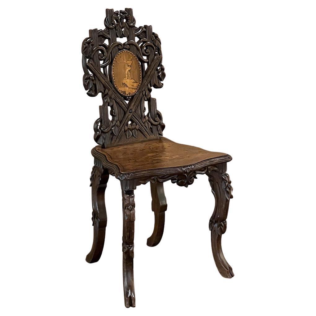 19th Century Black Forest Carved & Inlaid Salon Chair For Sale