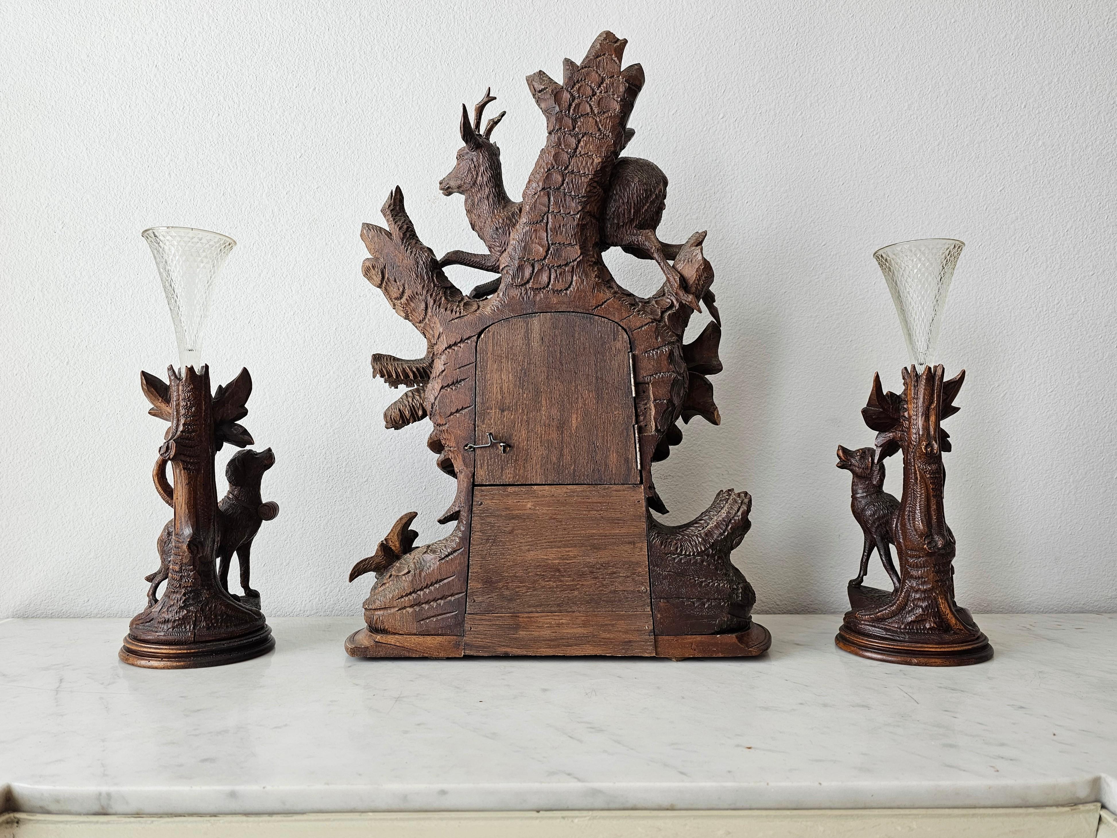 19th Century Black Forest Carved Mantle Clock Spill Vase Garniture Set  For Sale 6