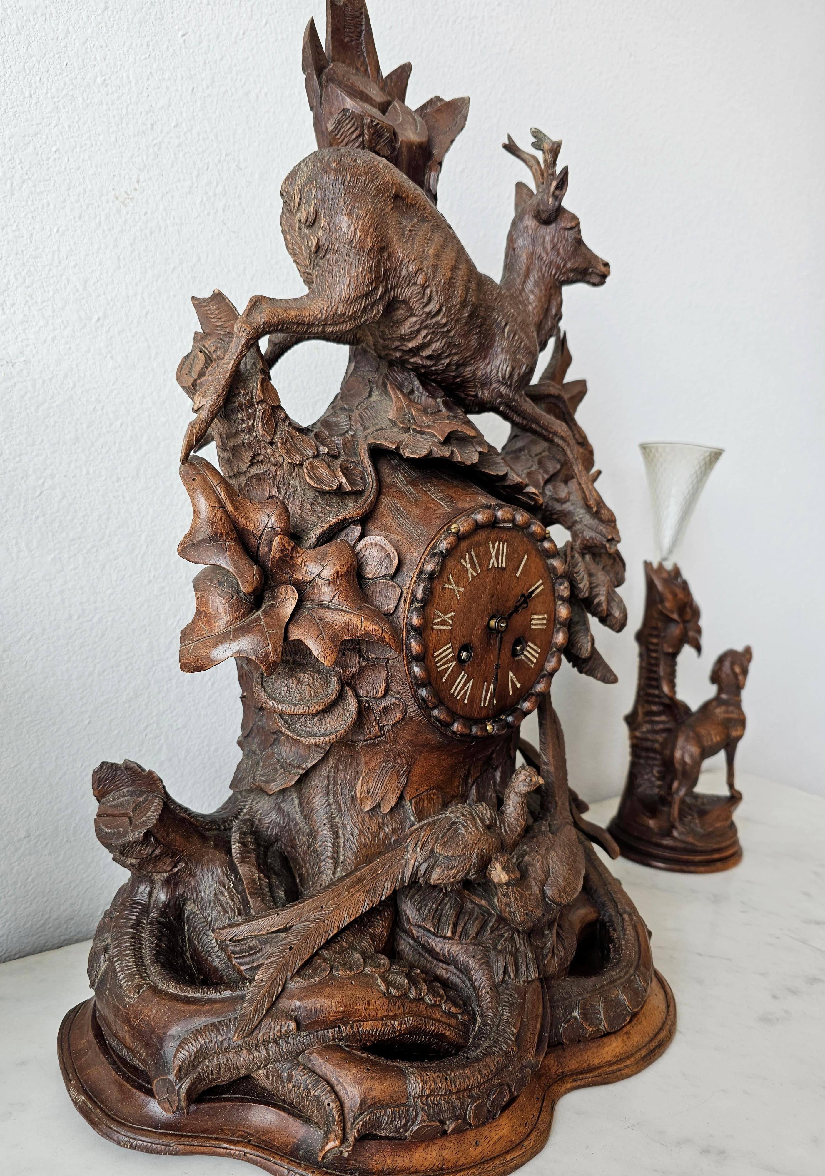 19th Century Black Forest Carved Mantle Clock Spill Vase Garniture Set  For Sale 12
