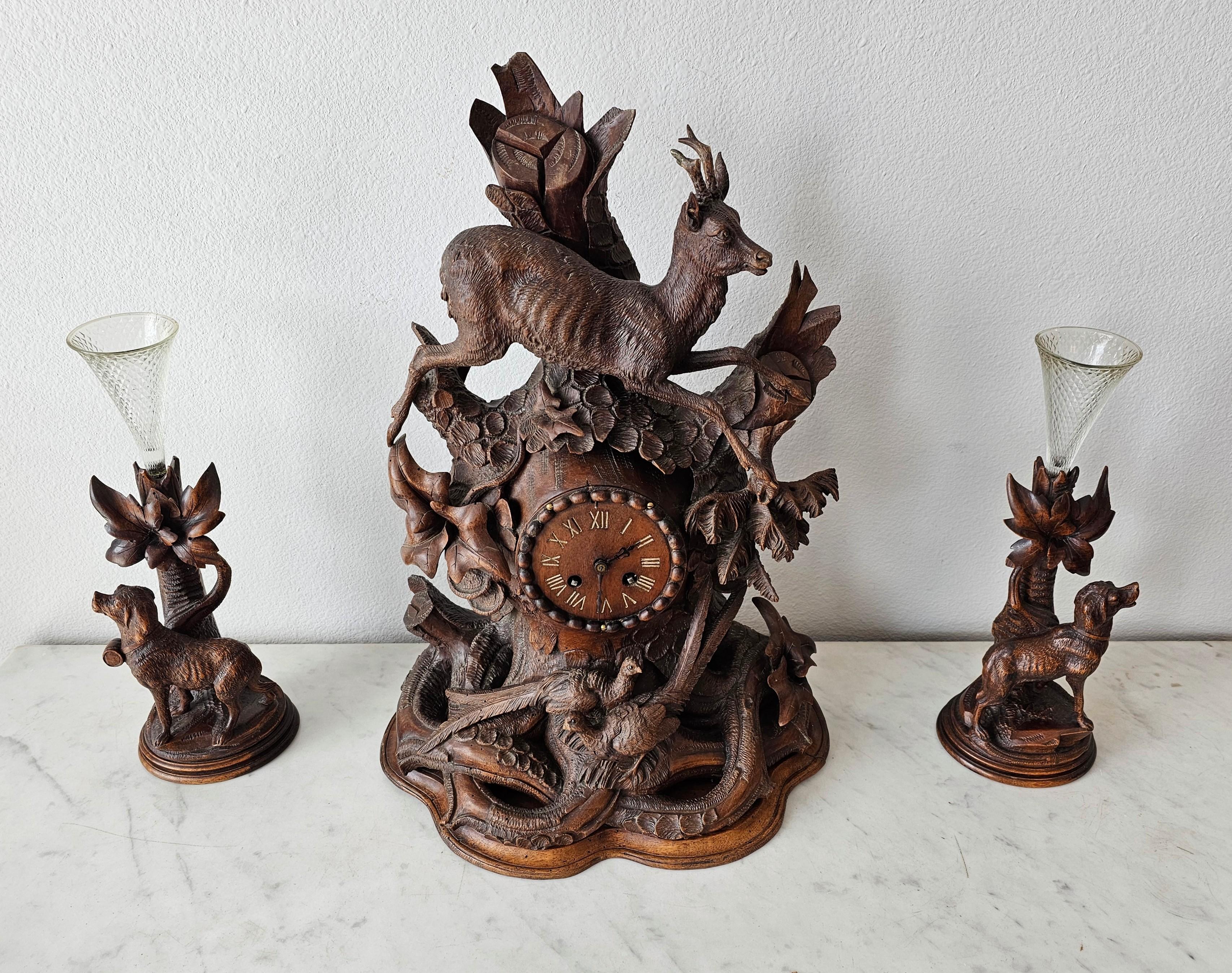 European 19th Century Black Forest Carved Mantle Clock Spill Vase Garniture Set  For Sale