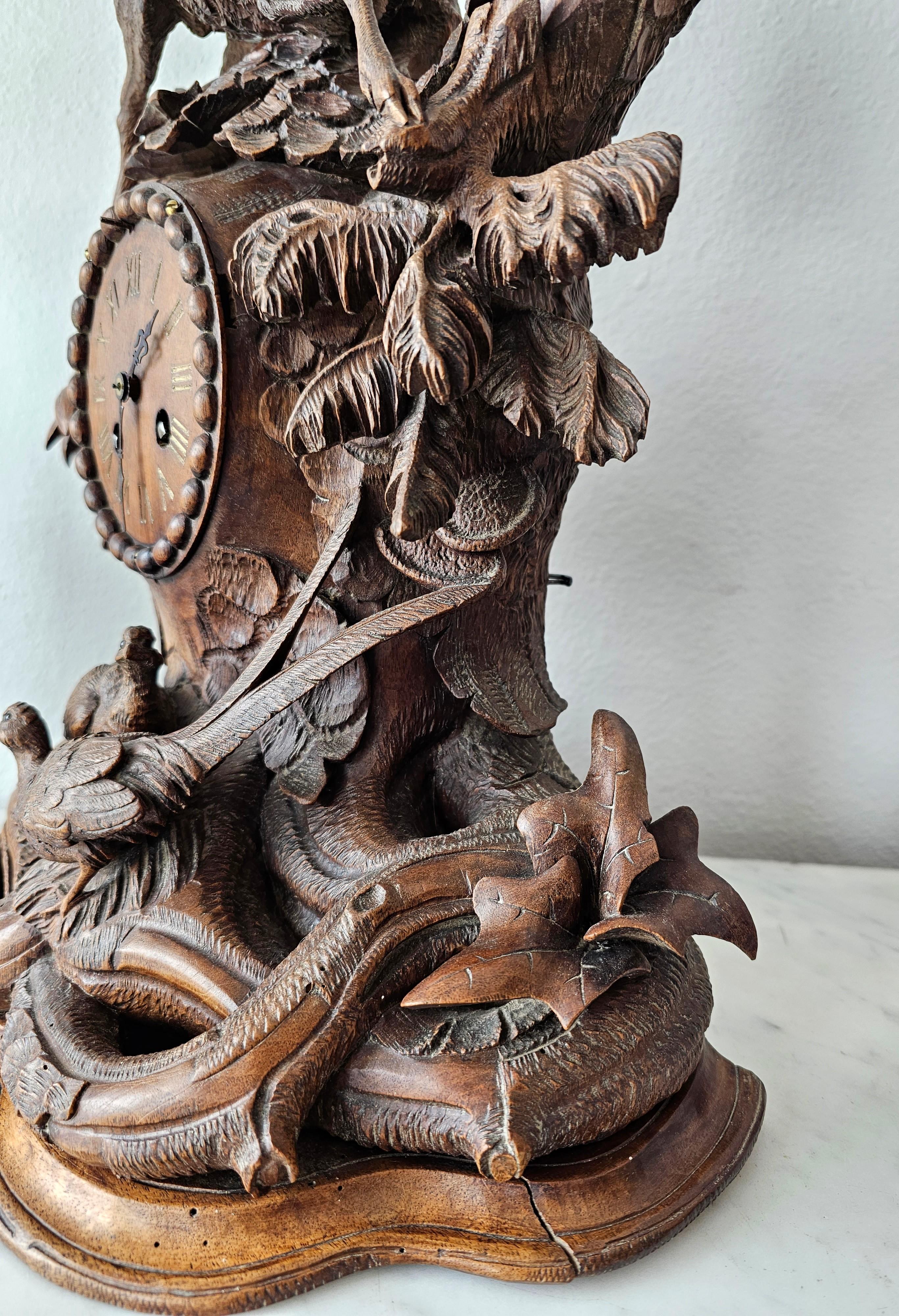 Glass 19th Century Black Forest Carved Mantle Clock Spill Vase Garniture Set  For Sale
