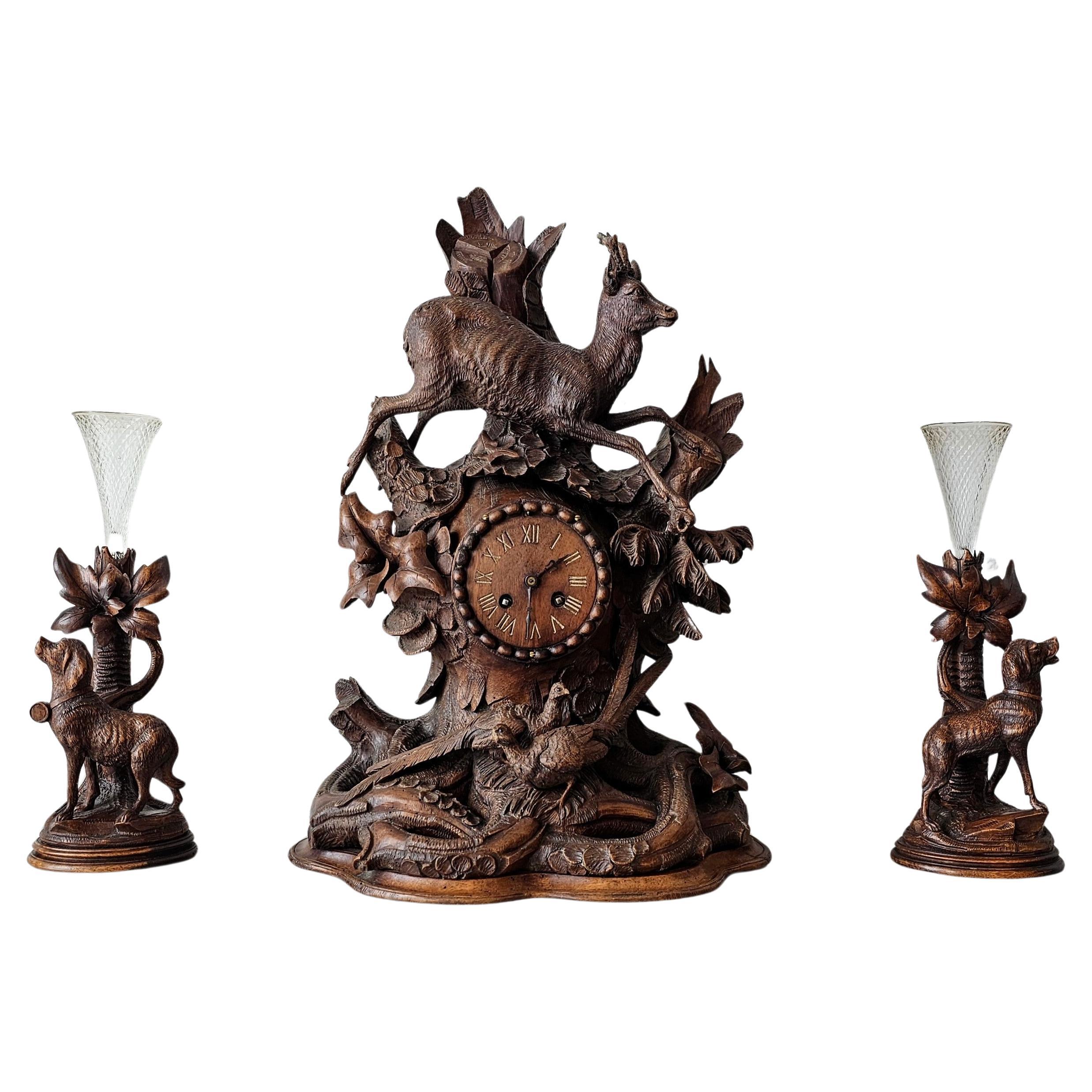 19th Century Black Forest Carved Mantle Clock Spill Vase Garniture Set