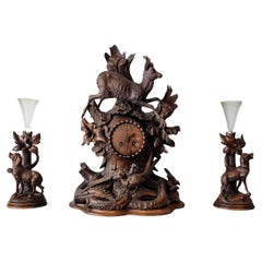 Antique 19th Century Black Forest Carved Mantle Clock Spill Vase Garniture Set 