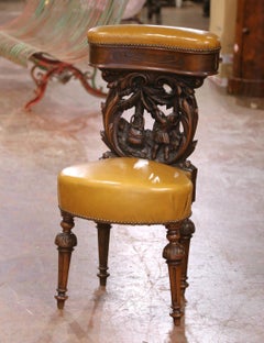 Chaise de fumeur en noyer et cuir du 19e siècle avec rangement pour cigares