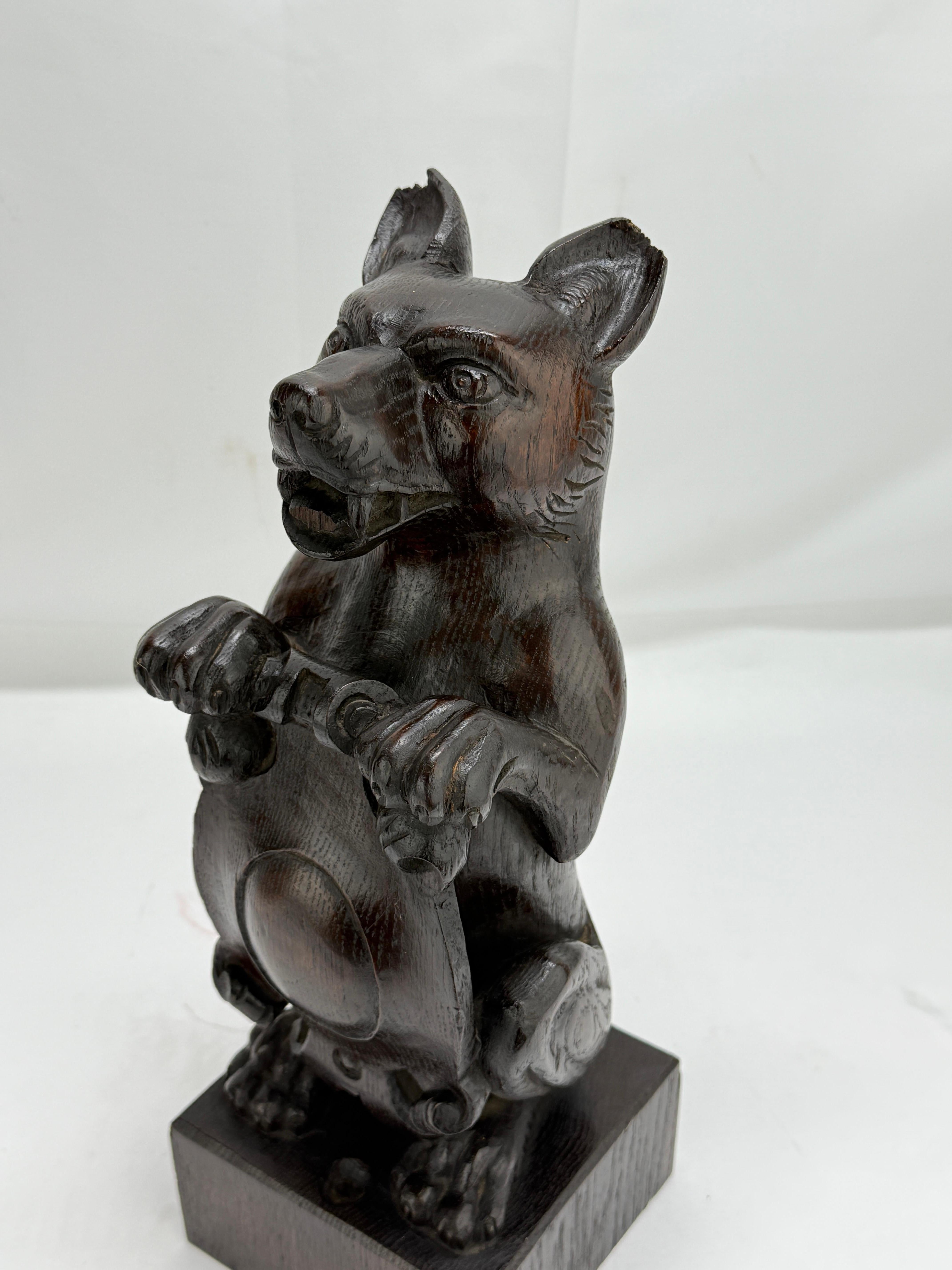 19th Century, Black Forest Carved Oak Newel Post Finial Form of a Dog w/ Shield For Sale 6
