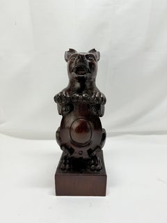 19th Century, Black Forest Carved Oak Newel Post Finial Form of a Dog w/ Shield