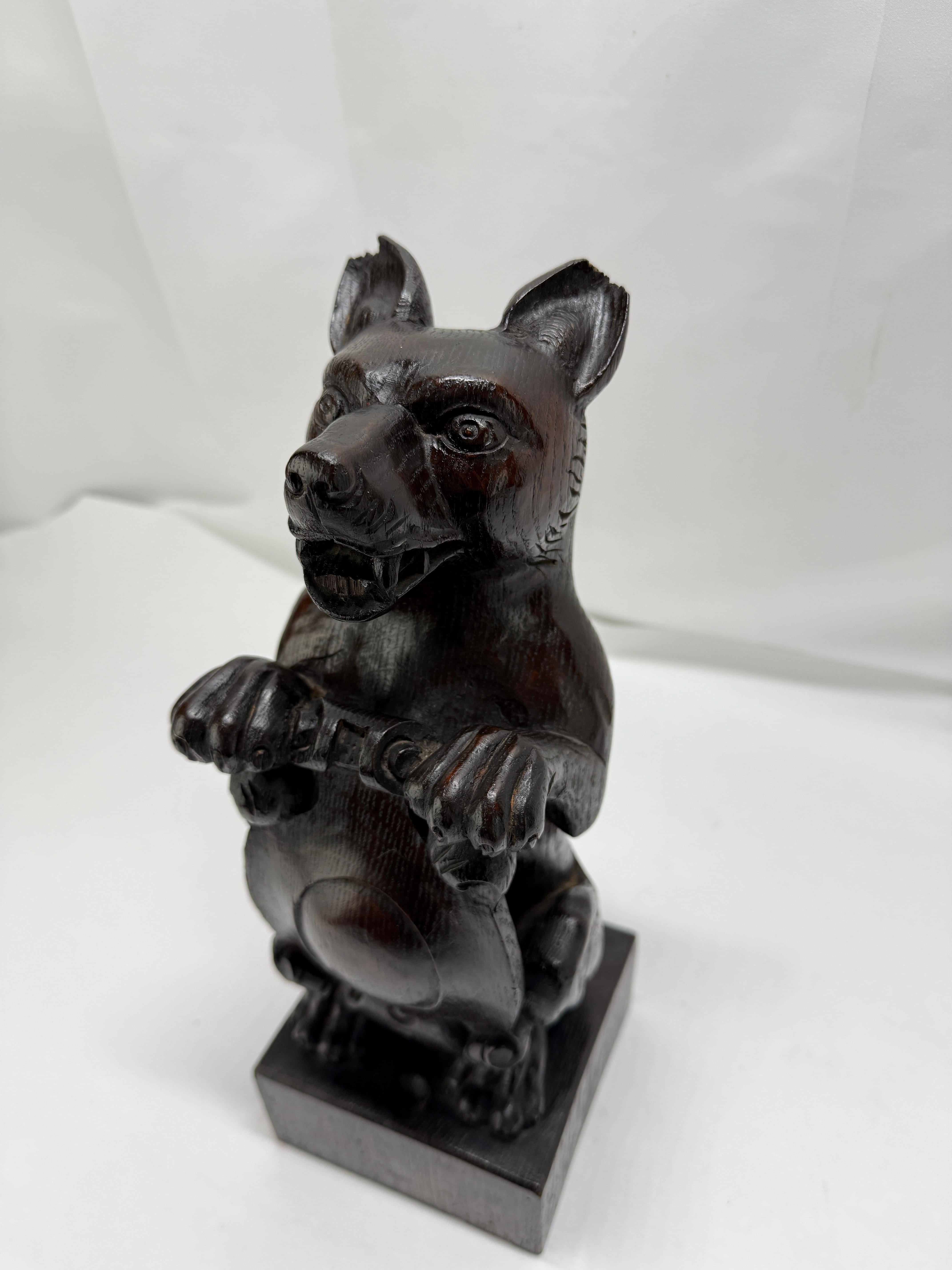 19th Century, Black Forest Carved Oak Newel Post Finial Form of a Dog w/ Shield For Sale 3