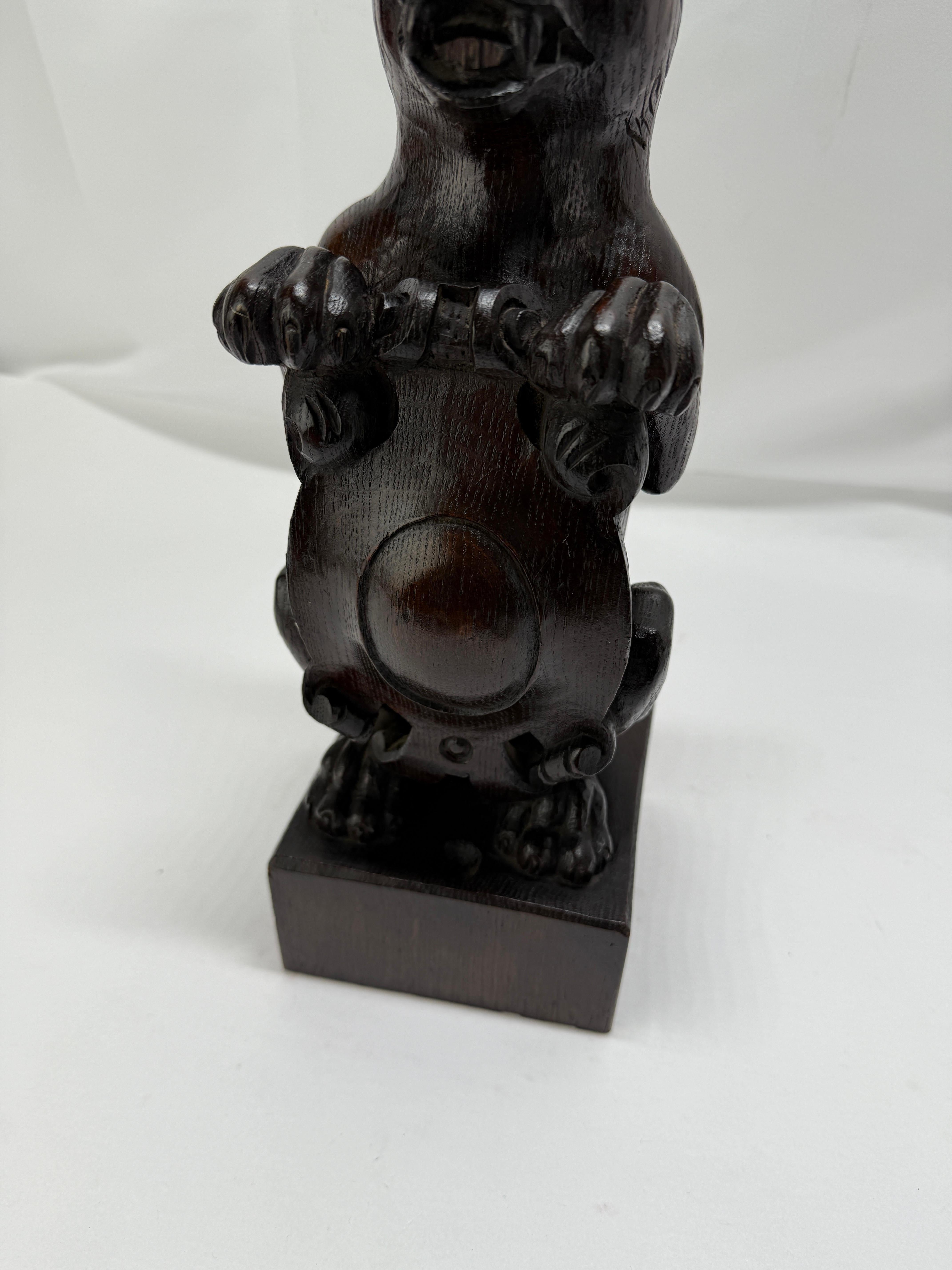 19th Century, Black Forest Carved Oak Newel Post Finial Form of a Dog w/ Shield For Sale 4