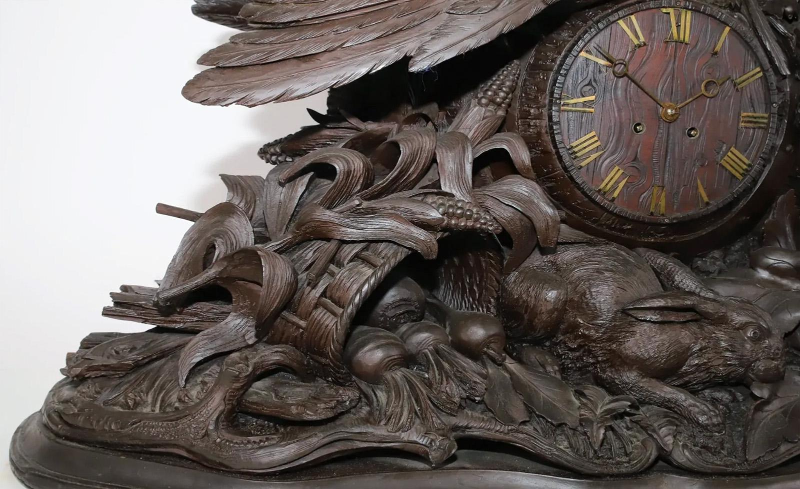 19th Century Black Forest Carved Roosters and Rabbits Mantel Clock For