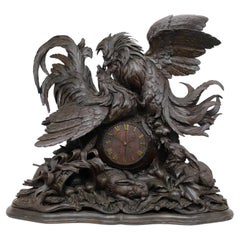 19th Century Black Forest Carved Roosters & Rabbits Mantel Clock