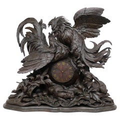 Antique 19th Century Black Forest Carved Roosters & Rabbits Mantel Clock