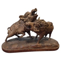 19th Century Black Forest Carved Sculpture of Two Warthogs