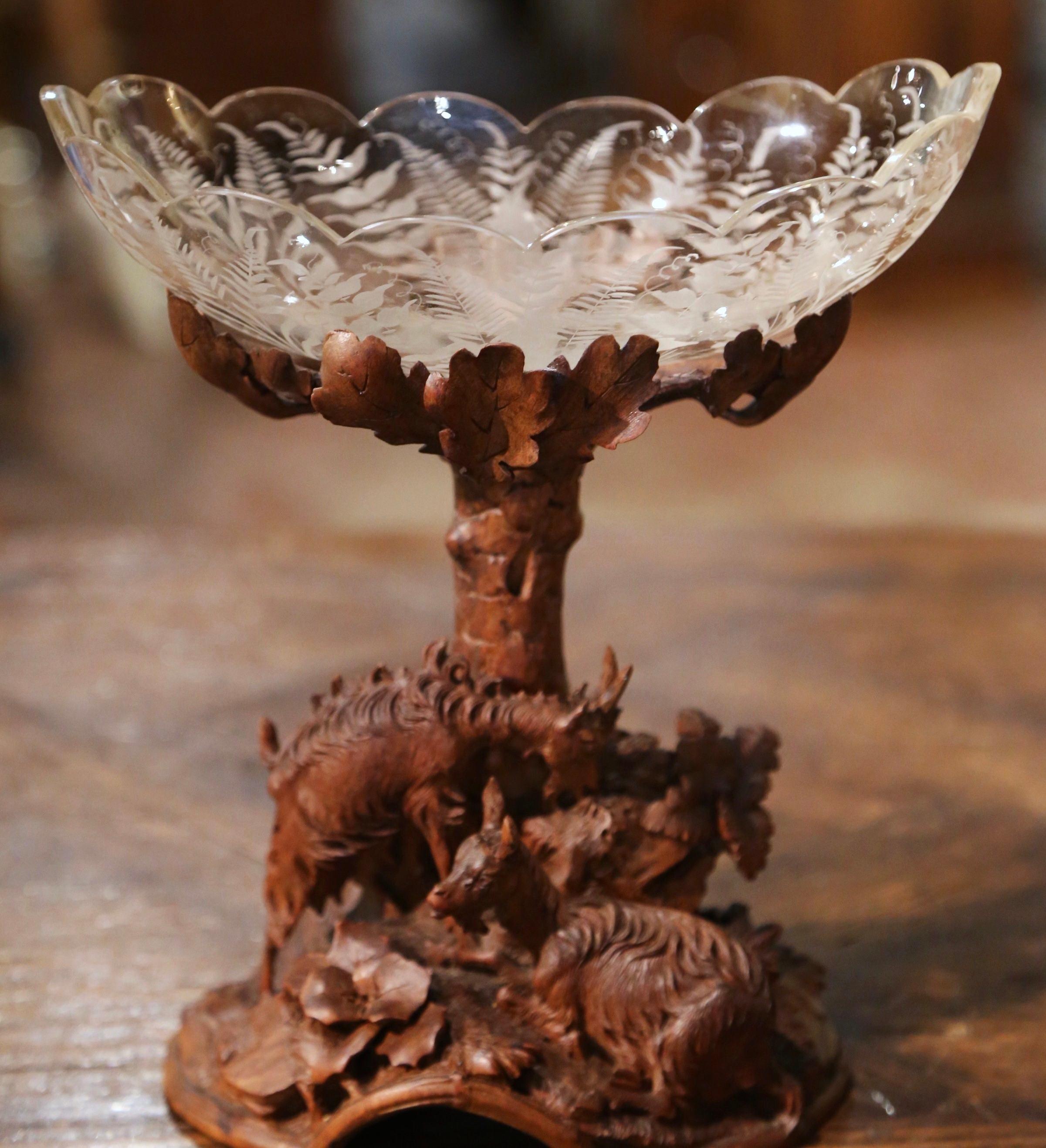 French 19th Century Black Forest Carved Walnut and Crystal Center Piece with Goat Decor For Sale
