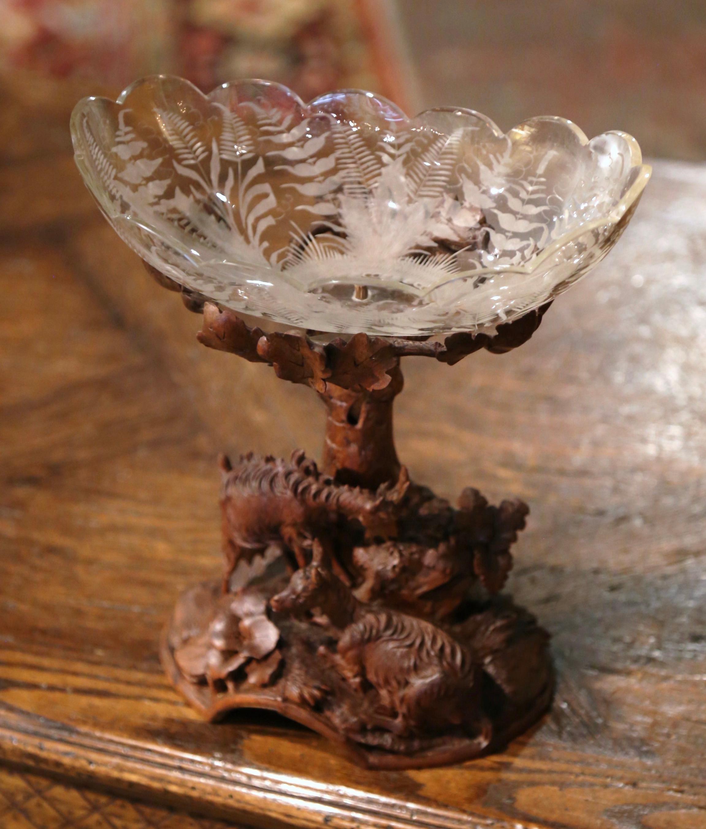 Hand-Carved 19th Century Black Forest Carved Walnut and Crystal Center Piece with Goat Decor For Sale