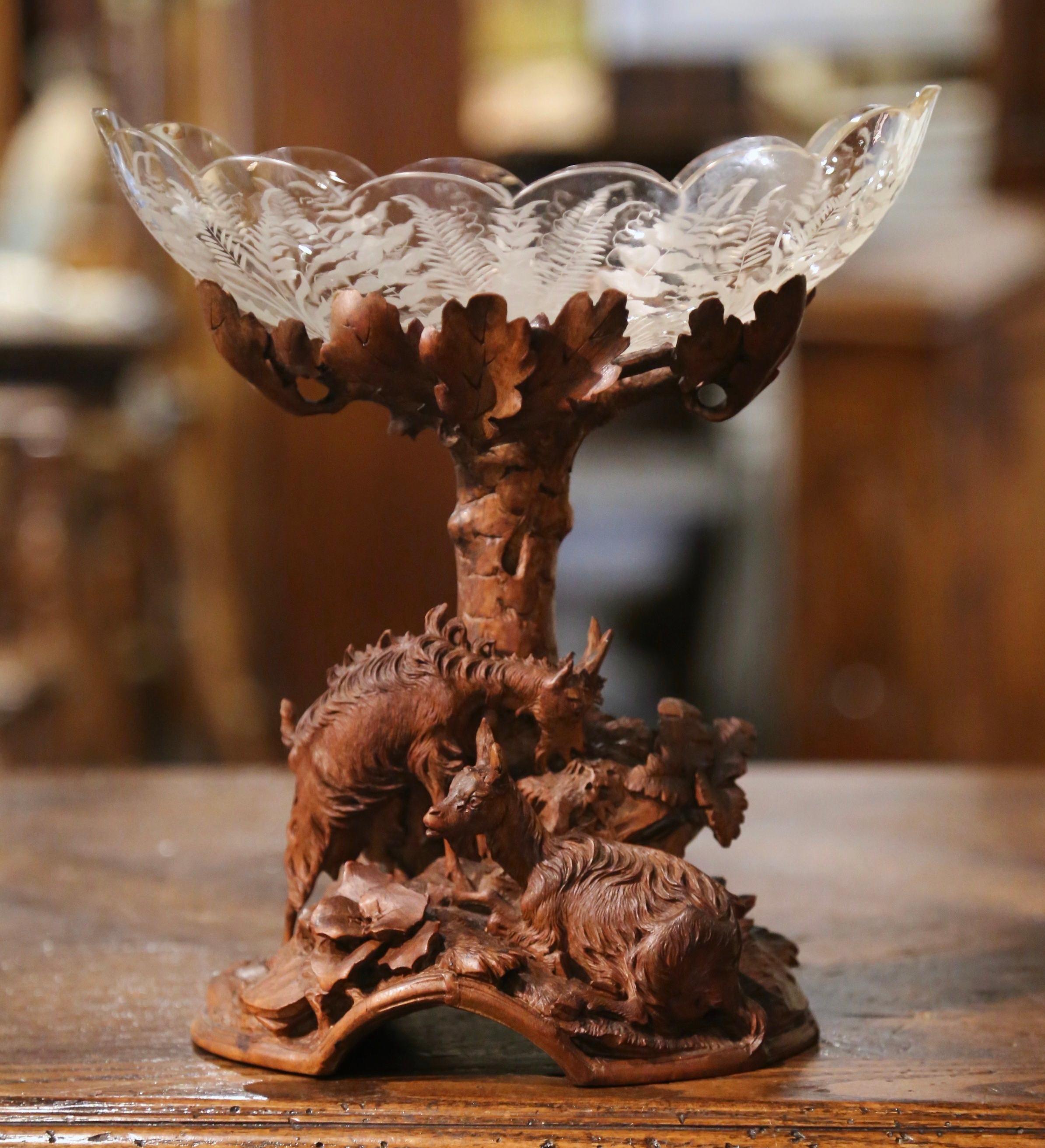 19th Century Black Forest Carved Walnut and Crystal Center Piece with Goat Decor In Excellent Condition For Sale In Dallas, TX